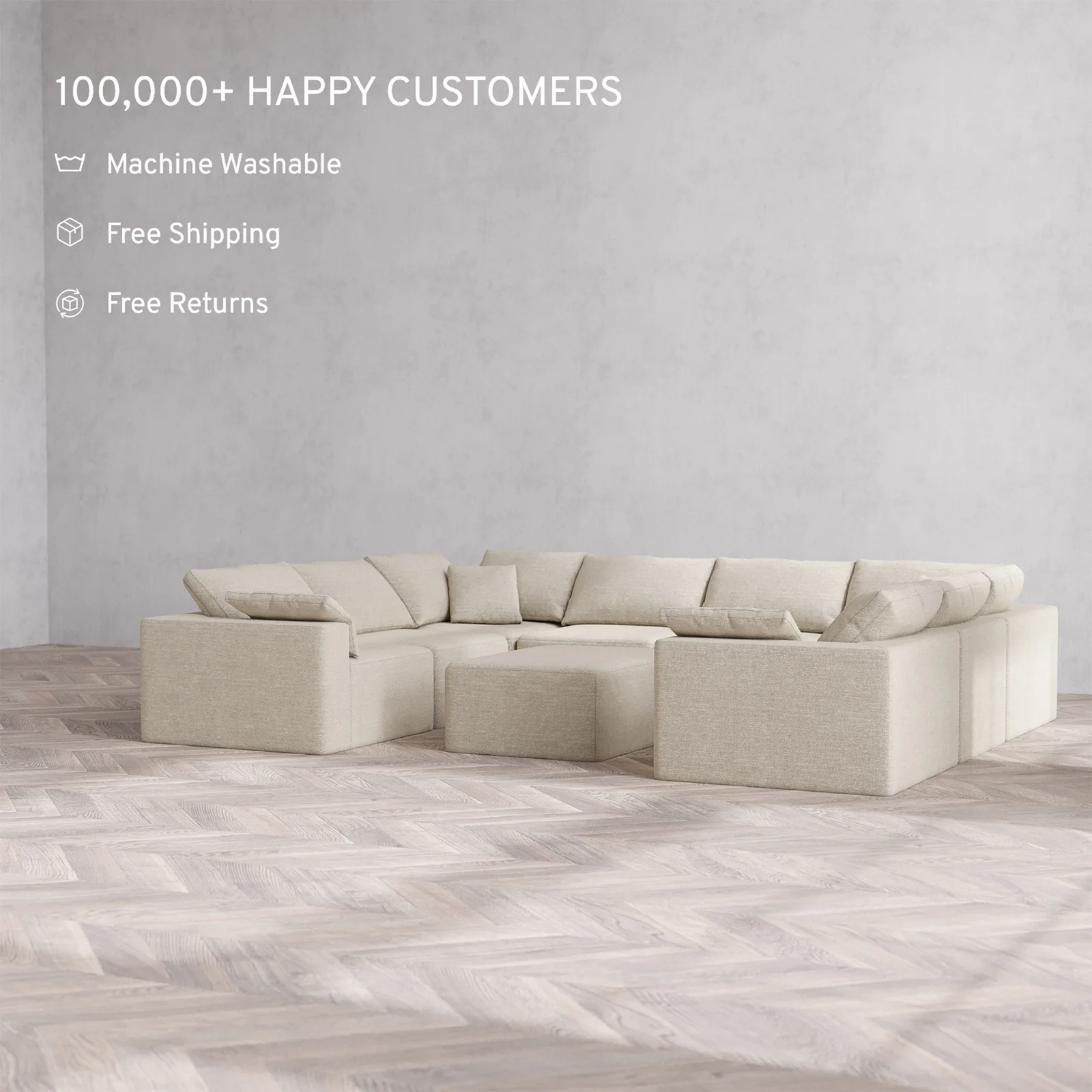 Slipcover Only - Modular Washable 8-Seater U Sectional + Chaise Ottoman Cloud Sofa in Sandstone - Image 2