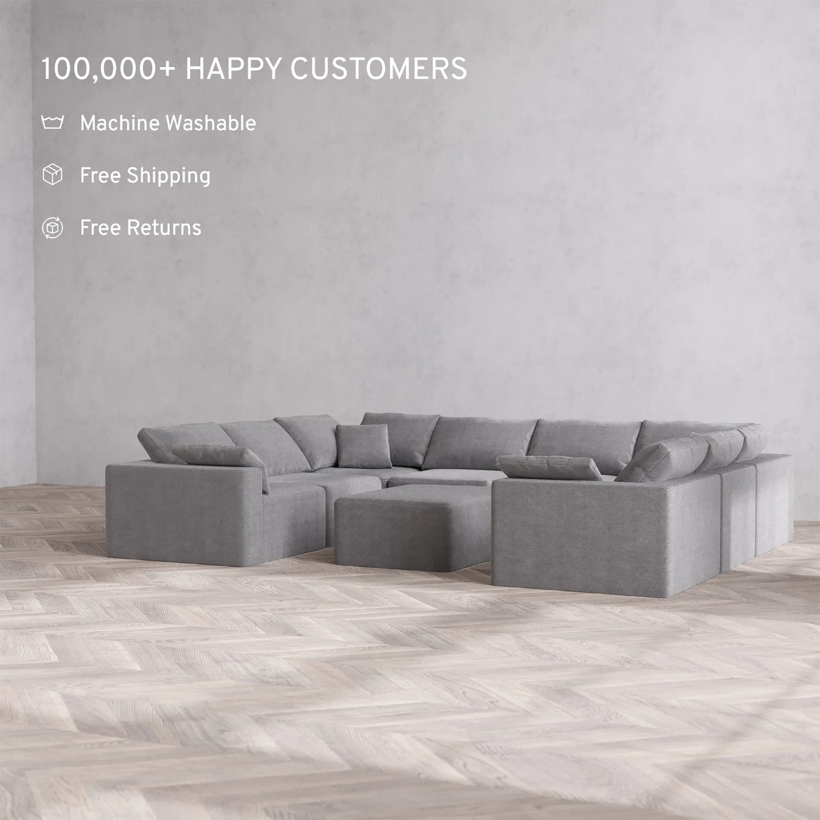 Slipcover Only - Modular Washable 8-Seater U Sectional + Chaise Ottoman Cloud Sofa in Slate - Image 2