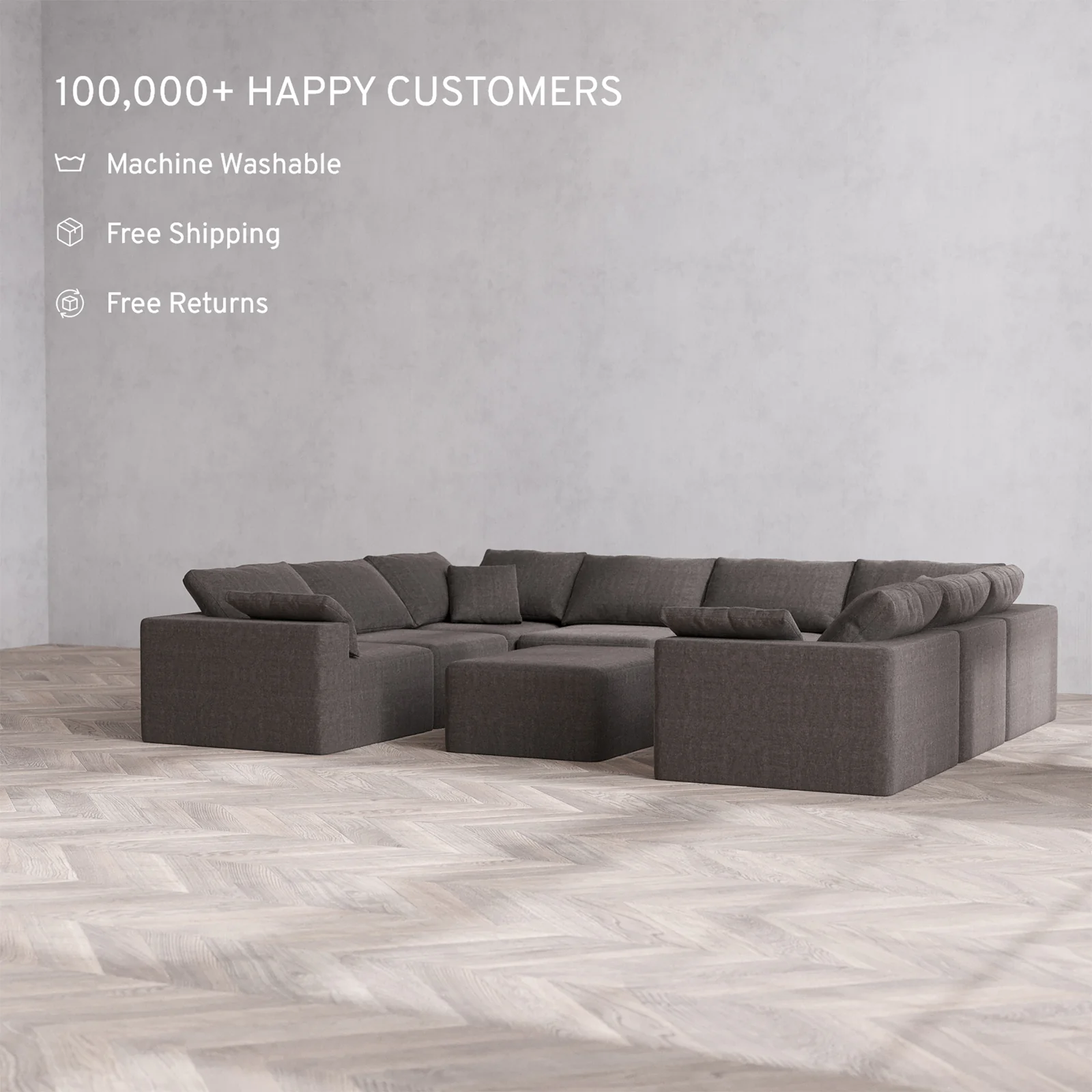 Slipcover Only - Modular Washable 8-Seater U Sectional + Chaise Ottoman Cloud Sofa in Truffle - Image 2