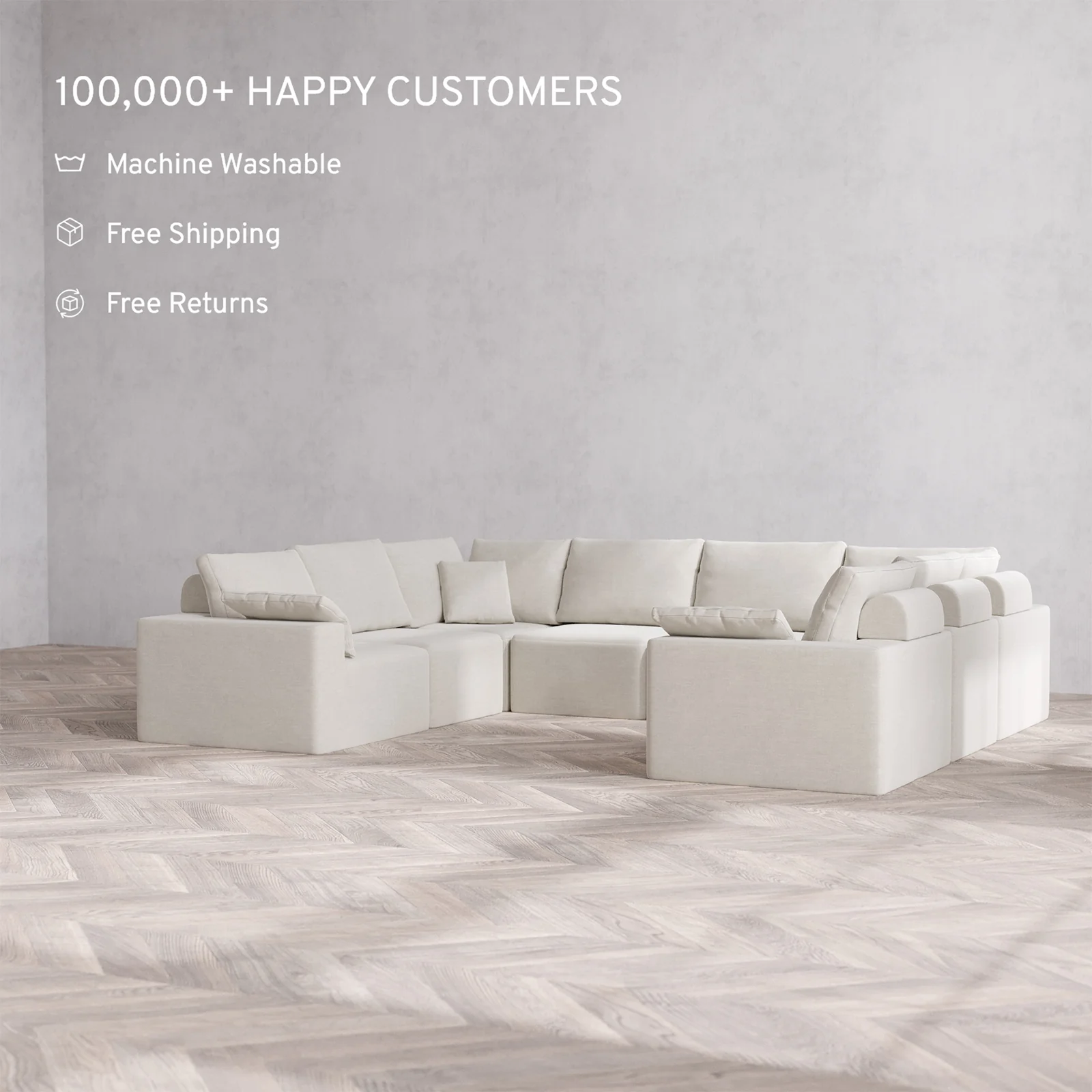 Slipcover Only - Modular Washable 8-Seater U Sectional Cloud + Bolster Sofa in Cashew - Image 2