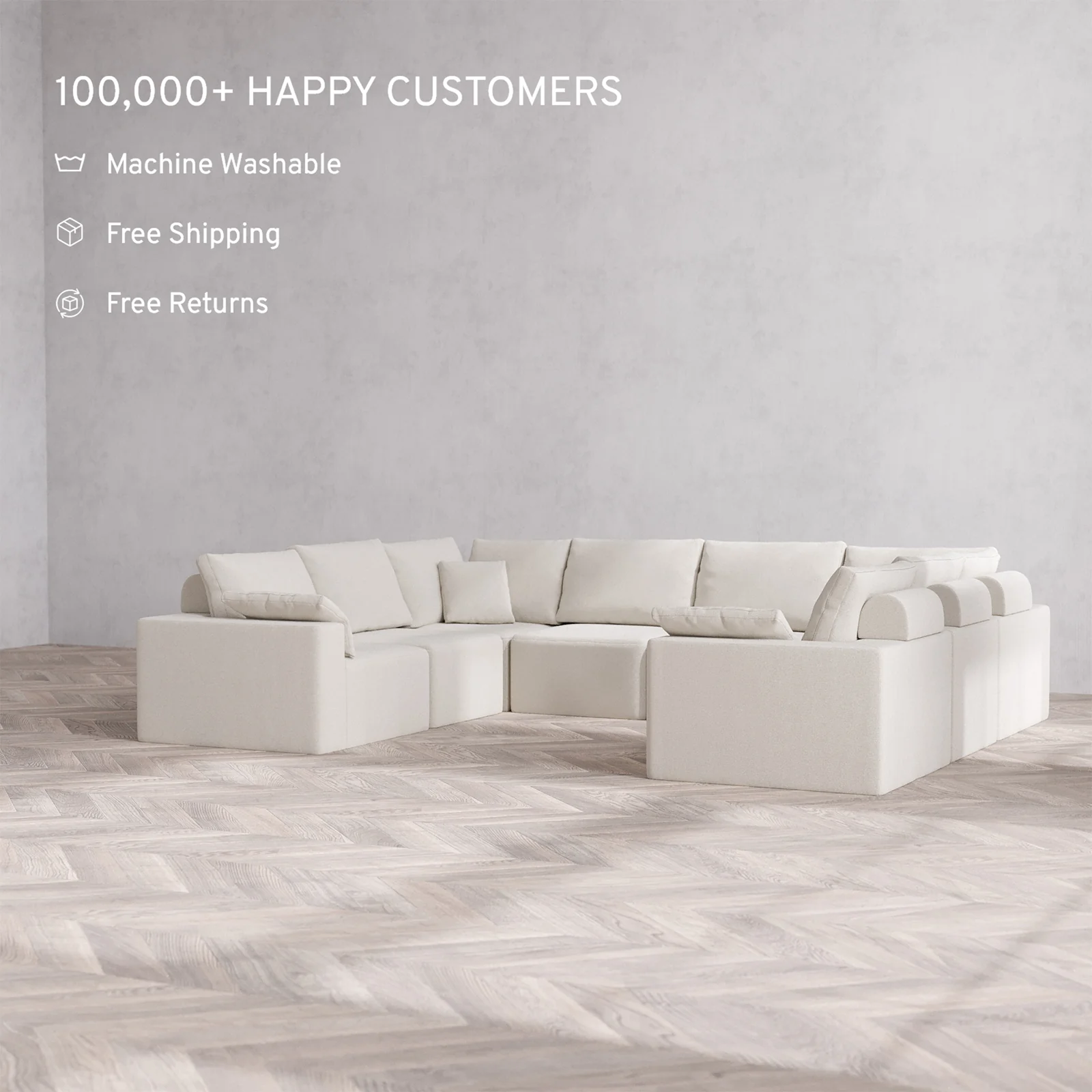 Slipcover Only - Modular Washable 8-Seater U Sectional Cloud + Bolster Sofa in Pearl - Image 2