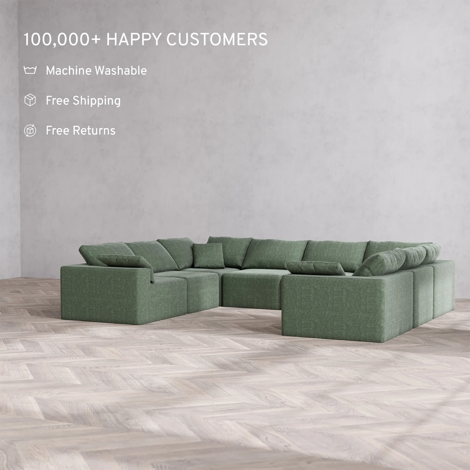 Slipcover Only - Modular Washable 8-Seater U Sectional Cloud Sofa in Sage - Image 2