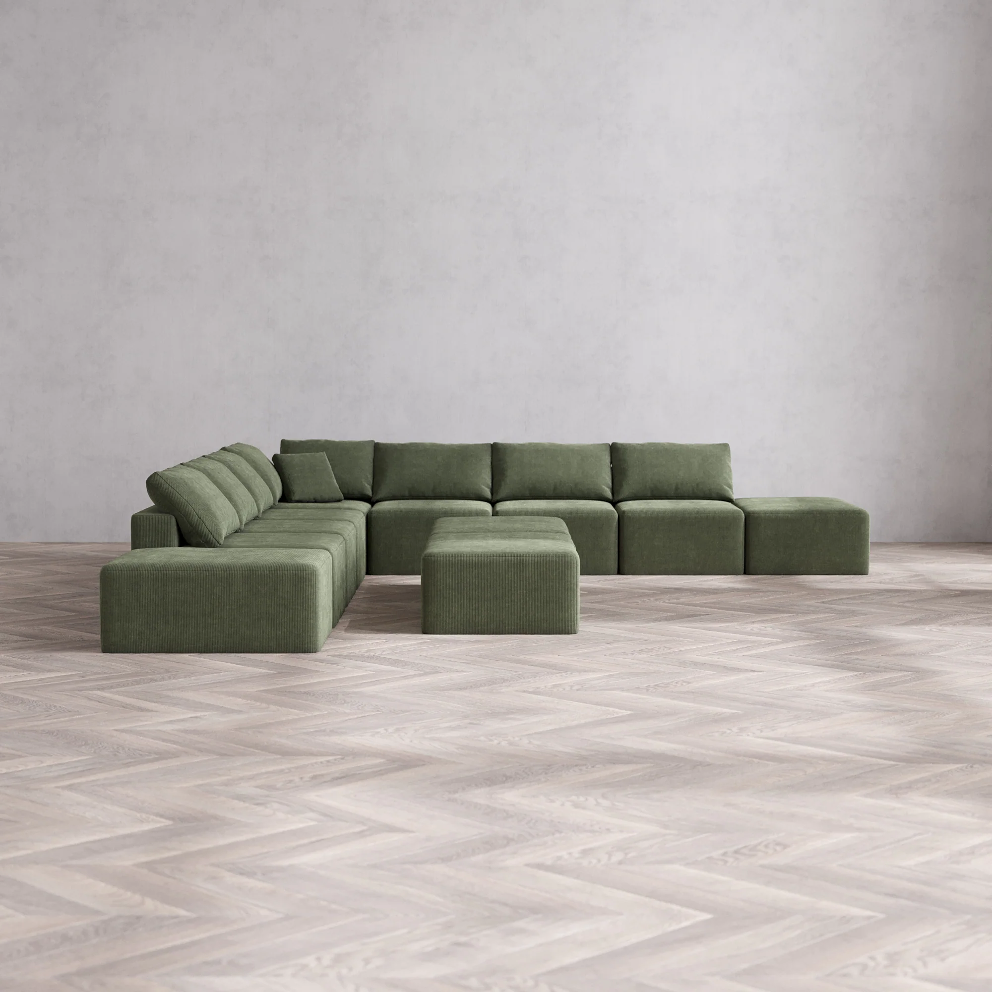 Slipcover Only - Modular Washable 9-Seater Open-Ends Corner Sectional + Chaise Ottoman Bench Cloud Sofa in Juniper