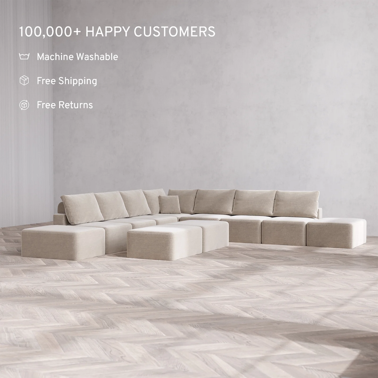 Slipcover Only - Modular Washable 9-Seater Open-Ends Corner Sectional + Chaise Ottoman Bench Cloud + Bolster Sofa in Caraway - Image 2