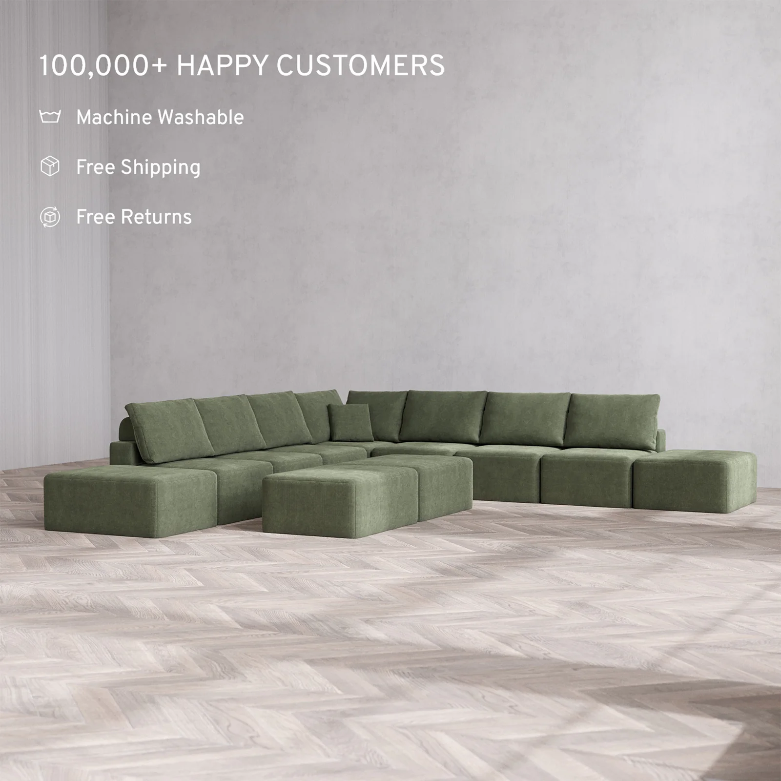 Slipcover Only - Modular Washable 9-Seater Open-Ends Corner Sectional + Chaise Ottoman Bench Cloud + Bolster Sofa in Juniper - Image 2