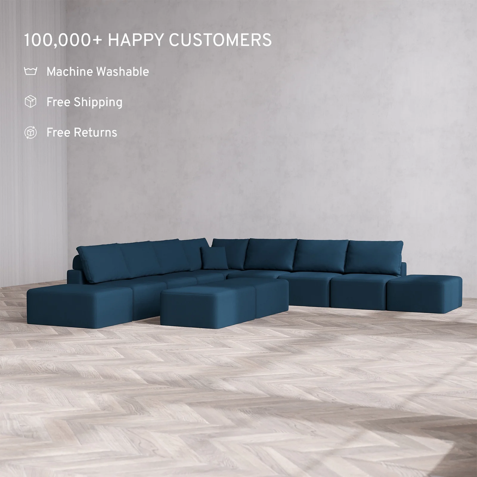 Slipcover Only - Modular Washable 9-Seater Open-Ends Corner Sectional + Chaise Ottoman Bench Cloud + Bolster Sofa in Lazuli - Image 2