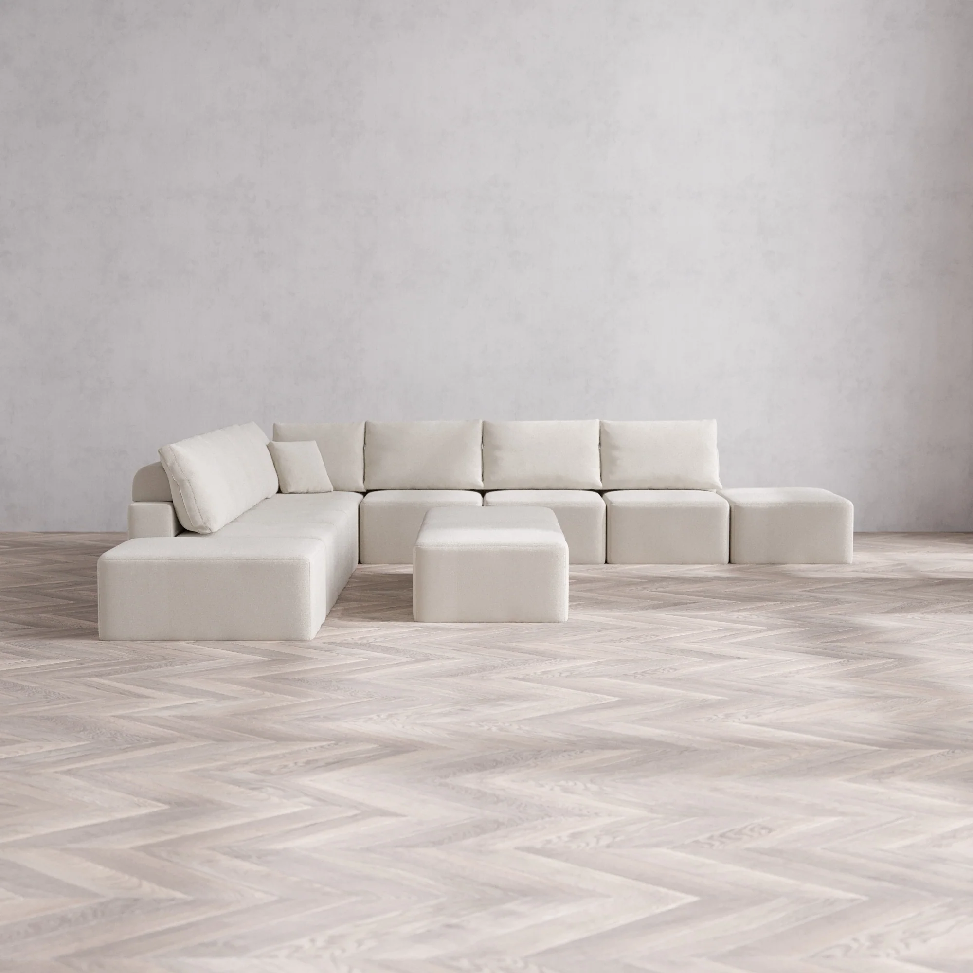 Slipcover Only - Modular Washable 9-Seater Open-Ends Corner Sectional + Chaise Ottoman Bench Cloud + Bolster Sofa in Pearl