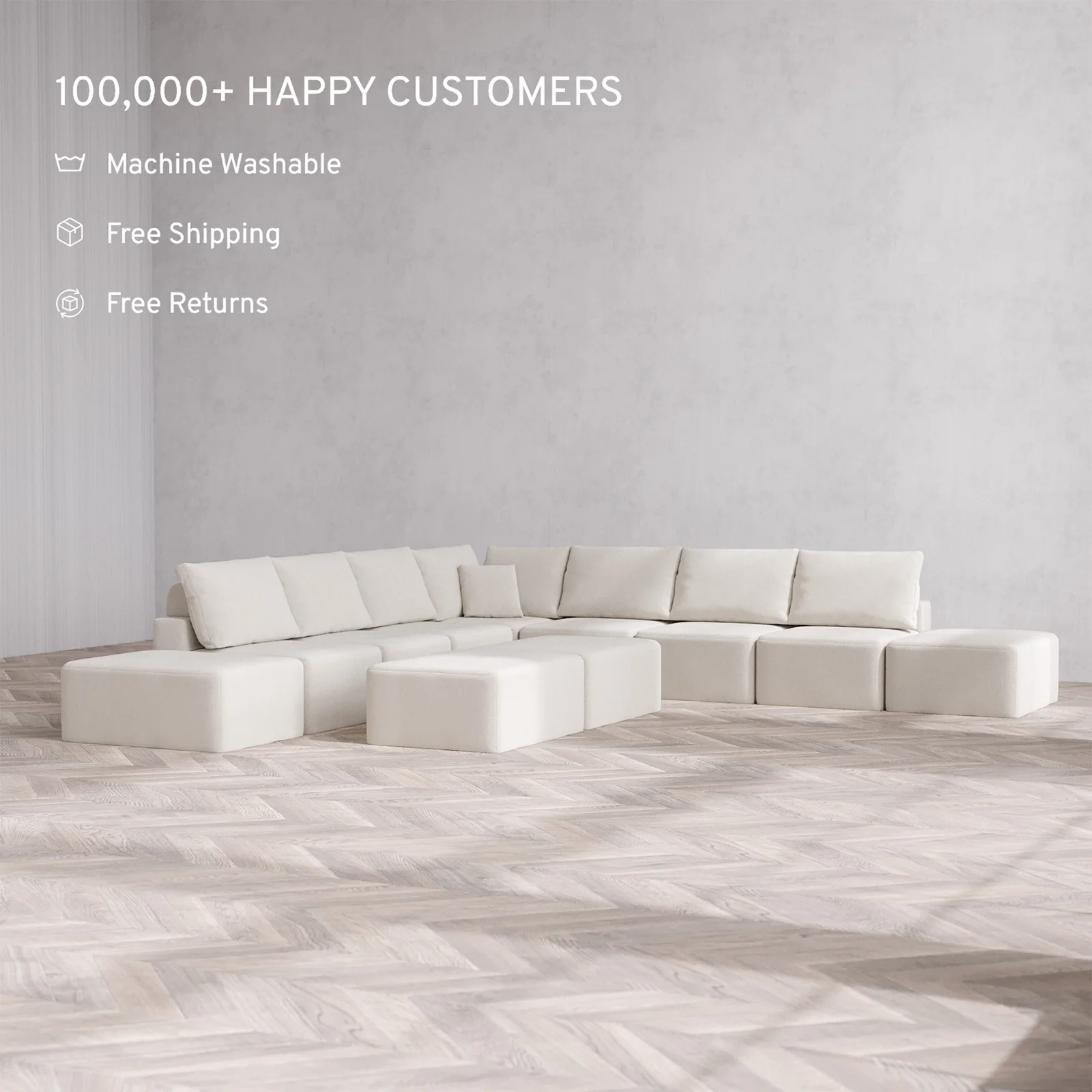 Slipcover Only - Modular Washable 9-Seater Open-Ends Corner Sectional + Chaise Ottoman Bench Cloud + Bolster Sofa in Pearl - Image 2