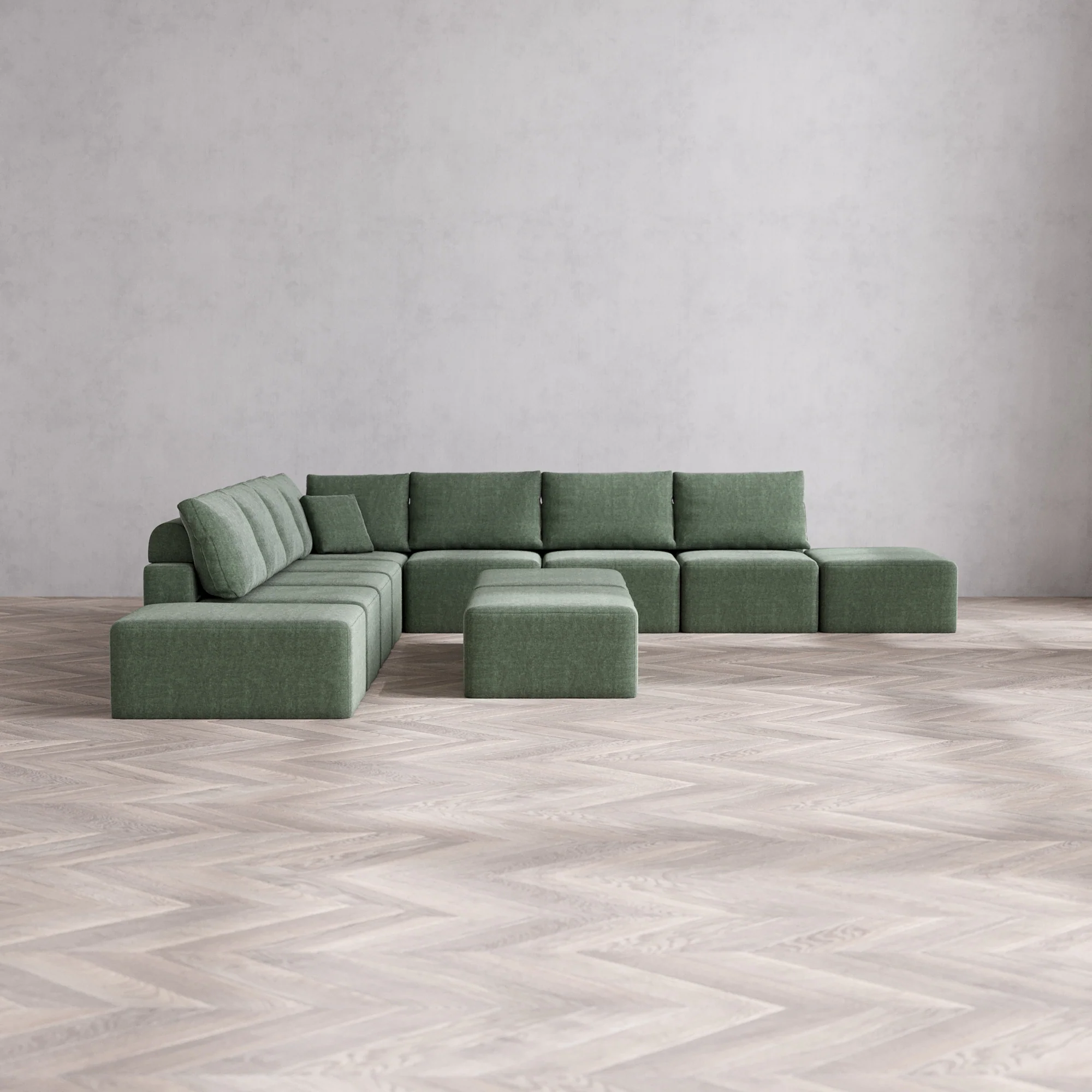 Slipcover Only - Modular Washable 9-Seater Open-Ends Corner Sectional + Chaise Ottoman Bench Cloud + Bolster Sofa in Sage