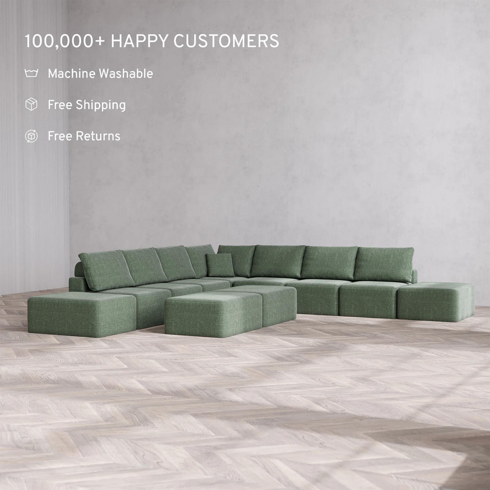 Slipcover Only - Modular Washable 9-Seater Open-Ends Corner Sectional + Chaise Ottoman Bench Cloud + Bolster Sofa in Sage - Image 2