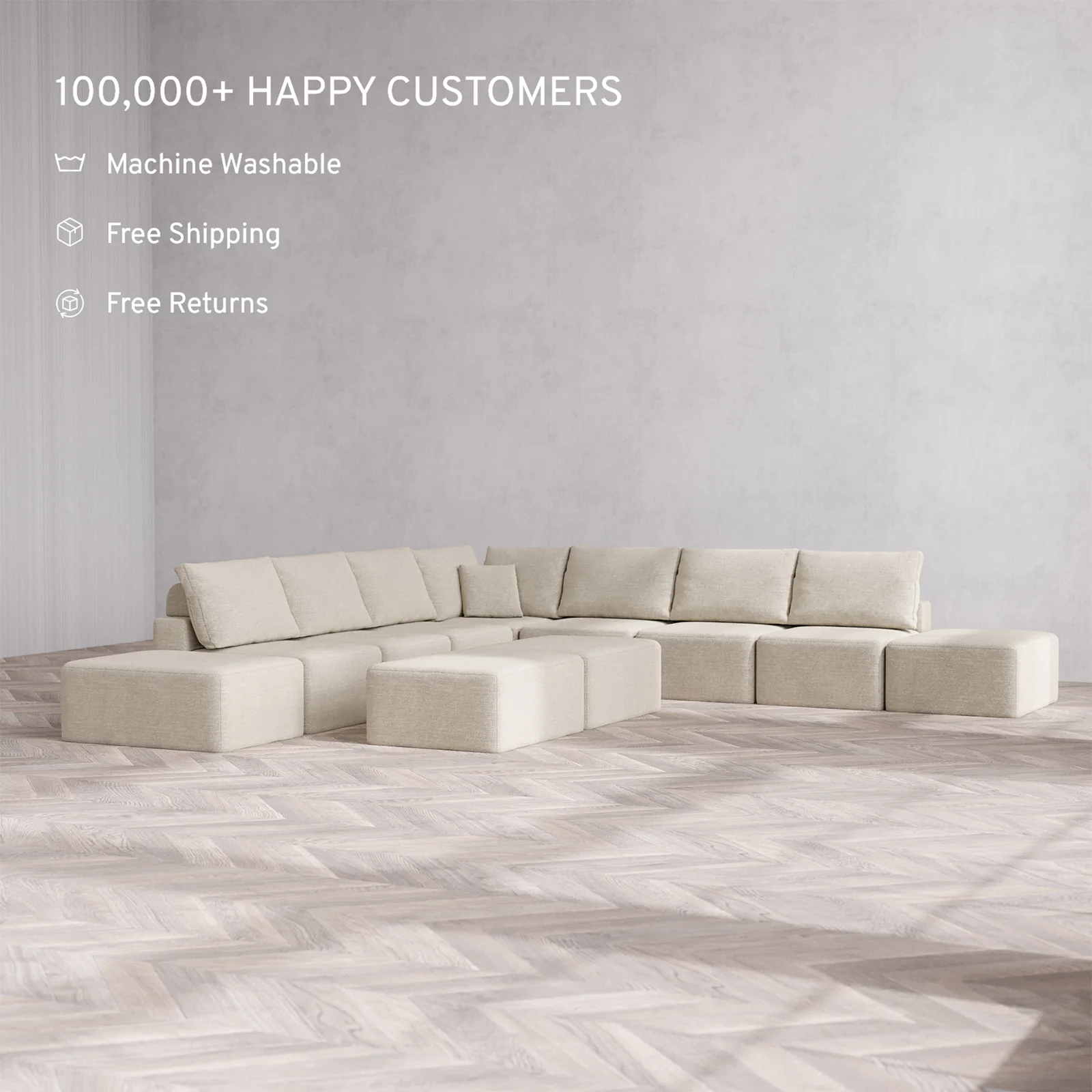 Slipcover Only - Modular Washable 9-Seater Open-Ends Corner Sectional + Chaise Ottoman Bench Cloud + Bolster Sofa in Sandstone - Image 2