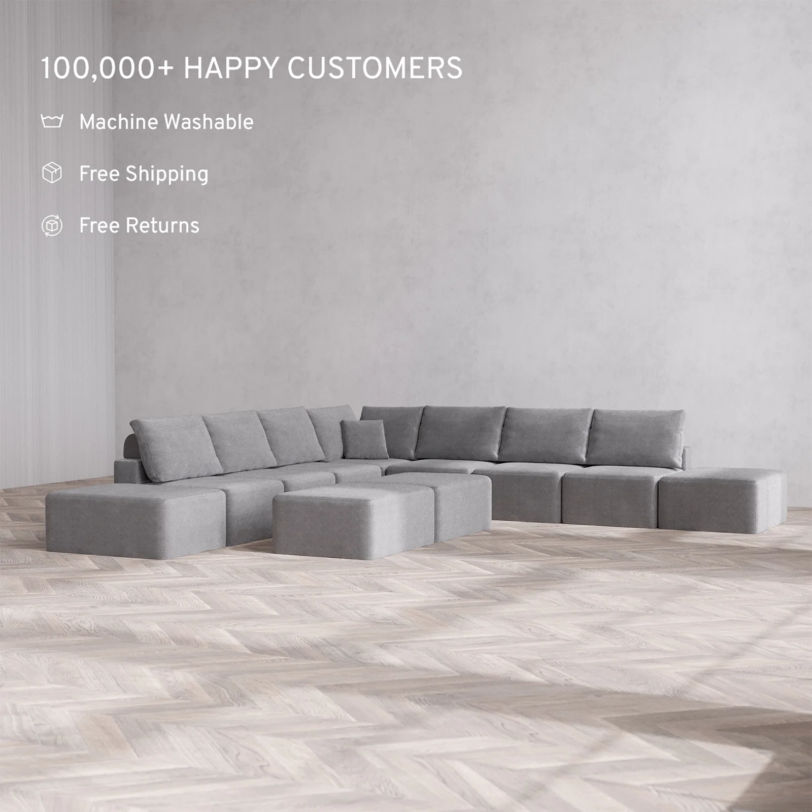 Slipcover Only - Modular Washable 9-Seater Open-Ends Corner Sectional + Chaise Ottoman Bench Cloud + Bolster Sofa in Slate - Image 2