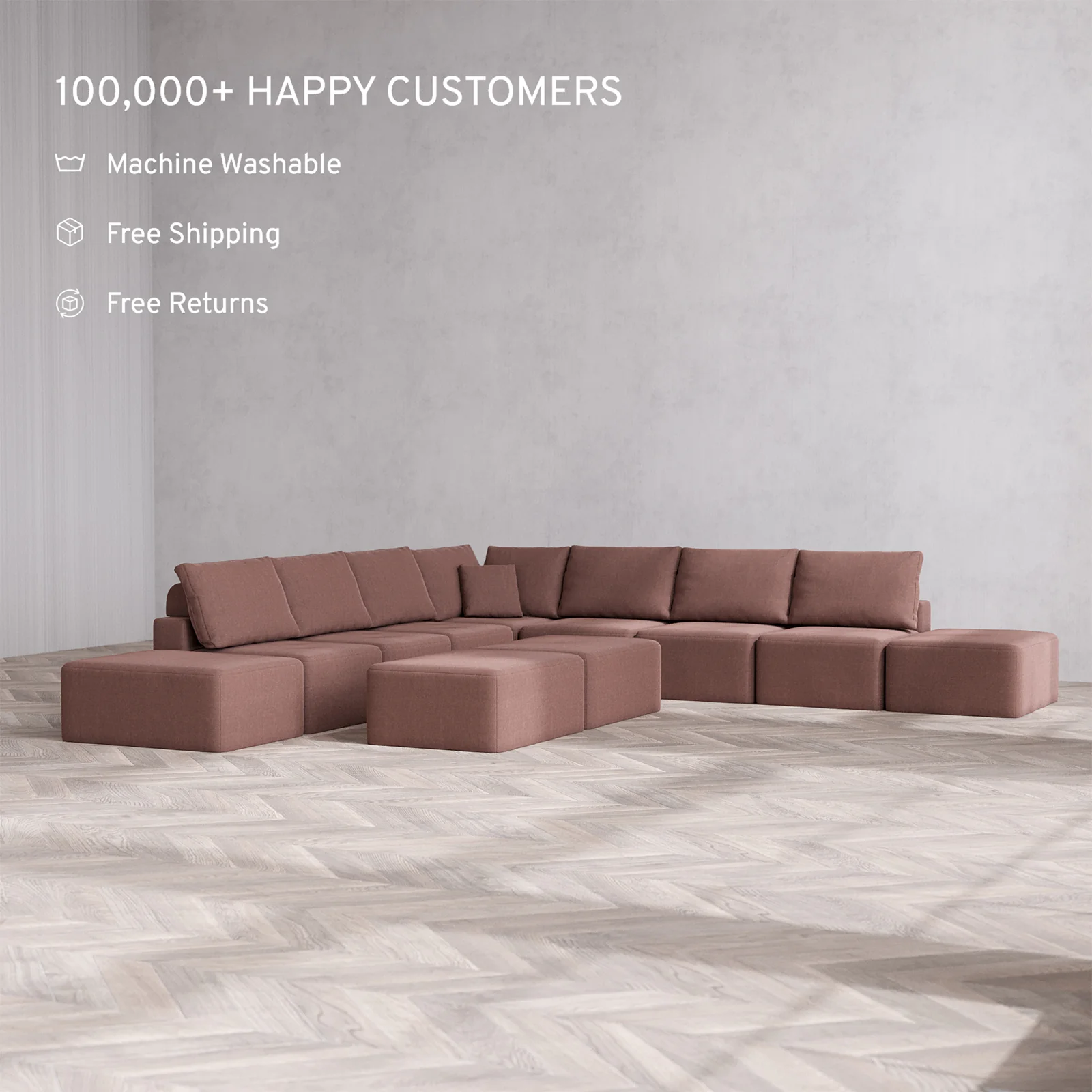 Slipcover Only - Modular Washable 9-Seater Open-Ends Corner Sectional + Chaise Ottoman Bench Cloud + Bolster Sofa in Sumac - Image 2