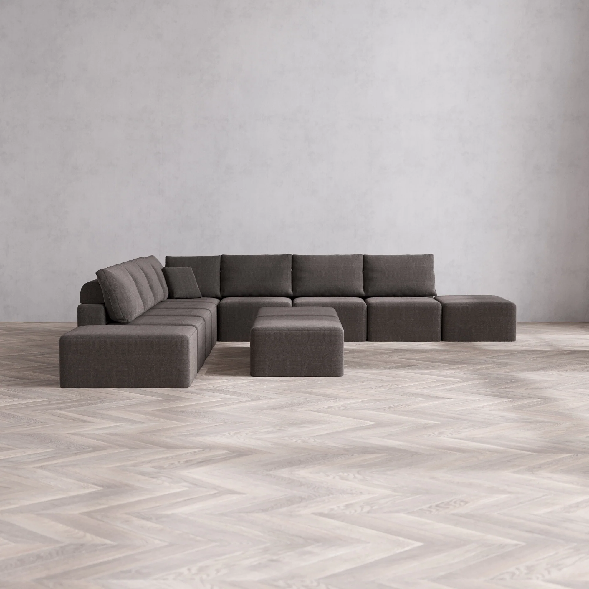 Slipcover Only - Modular Washable 9-Seater Open-Ends Corner Sectional + Chaise Ottoman Bench Cloud + Bolster Sofa in Truffle