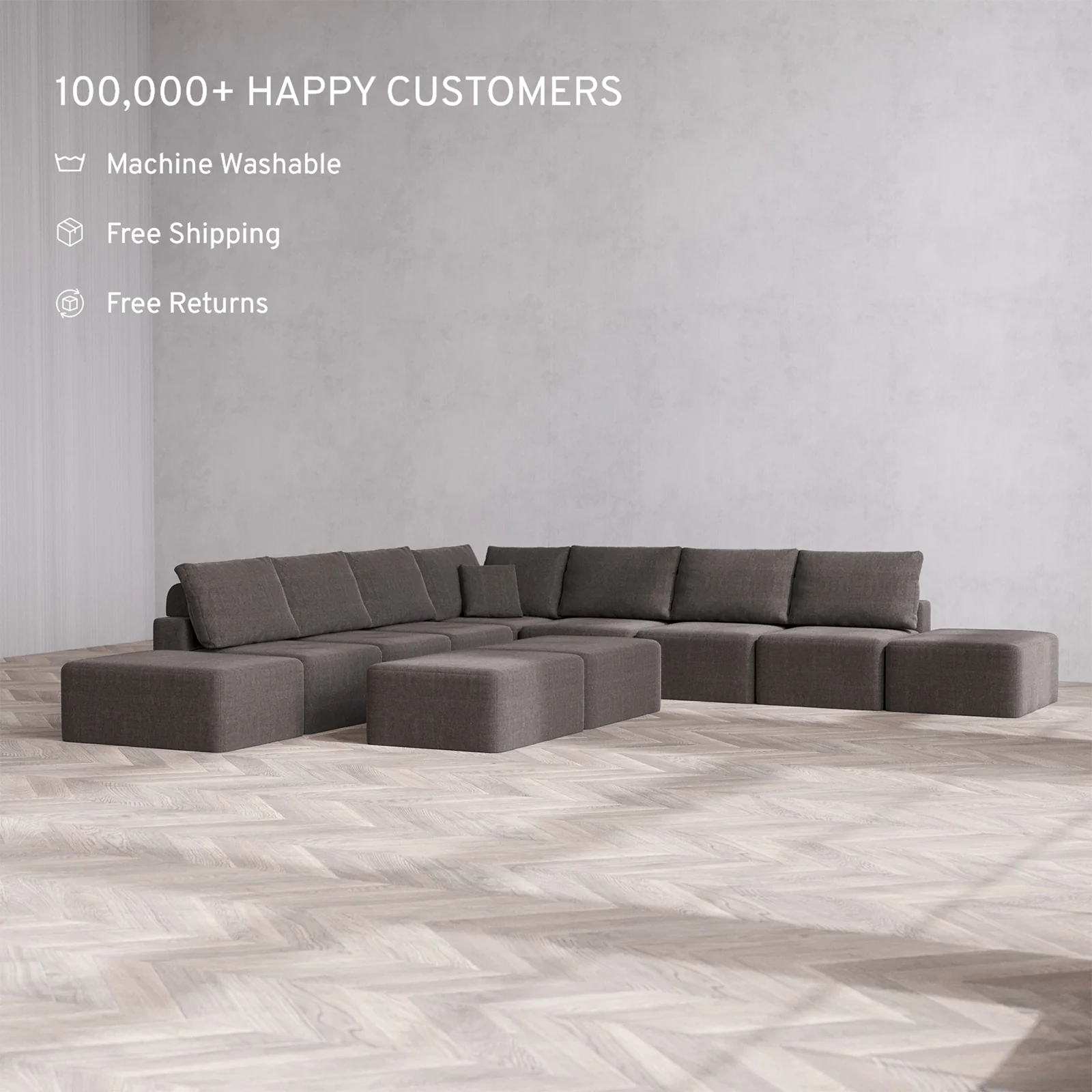 Slipcover Only - Modular Washable 9-Seater Open-Ends Corner Sectional + Chaise Ottoman Bench Cloud + Bolster Sofa in Truffle - Image 2