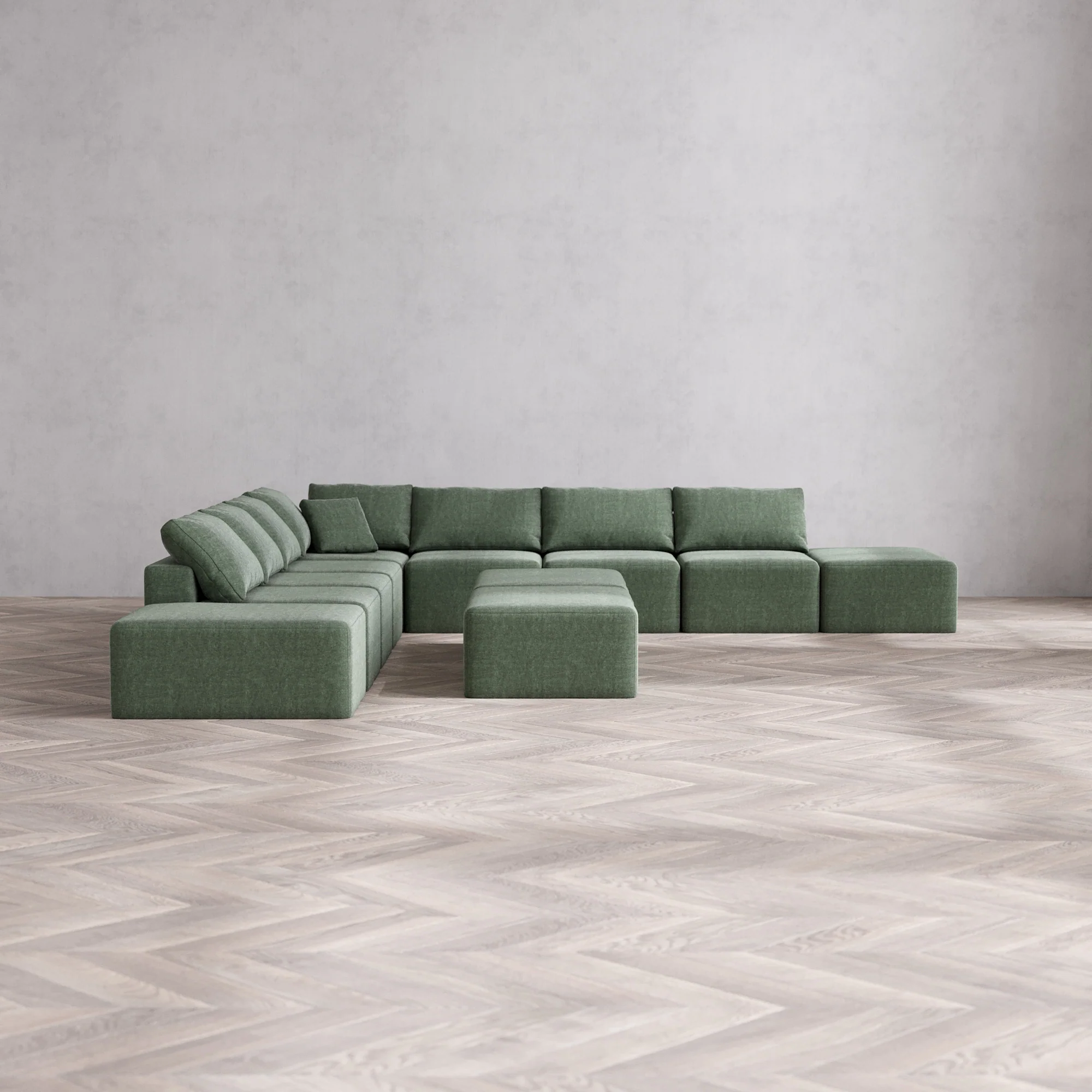 Slipcover Only - Modular Washable 9-Seater Open-Ends Corner Sectional + Chaise Ottoman Bench Cloud Sofa in Sage