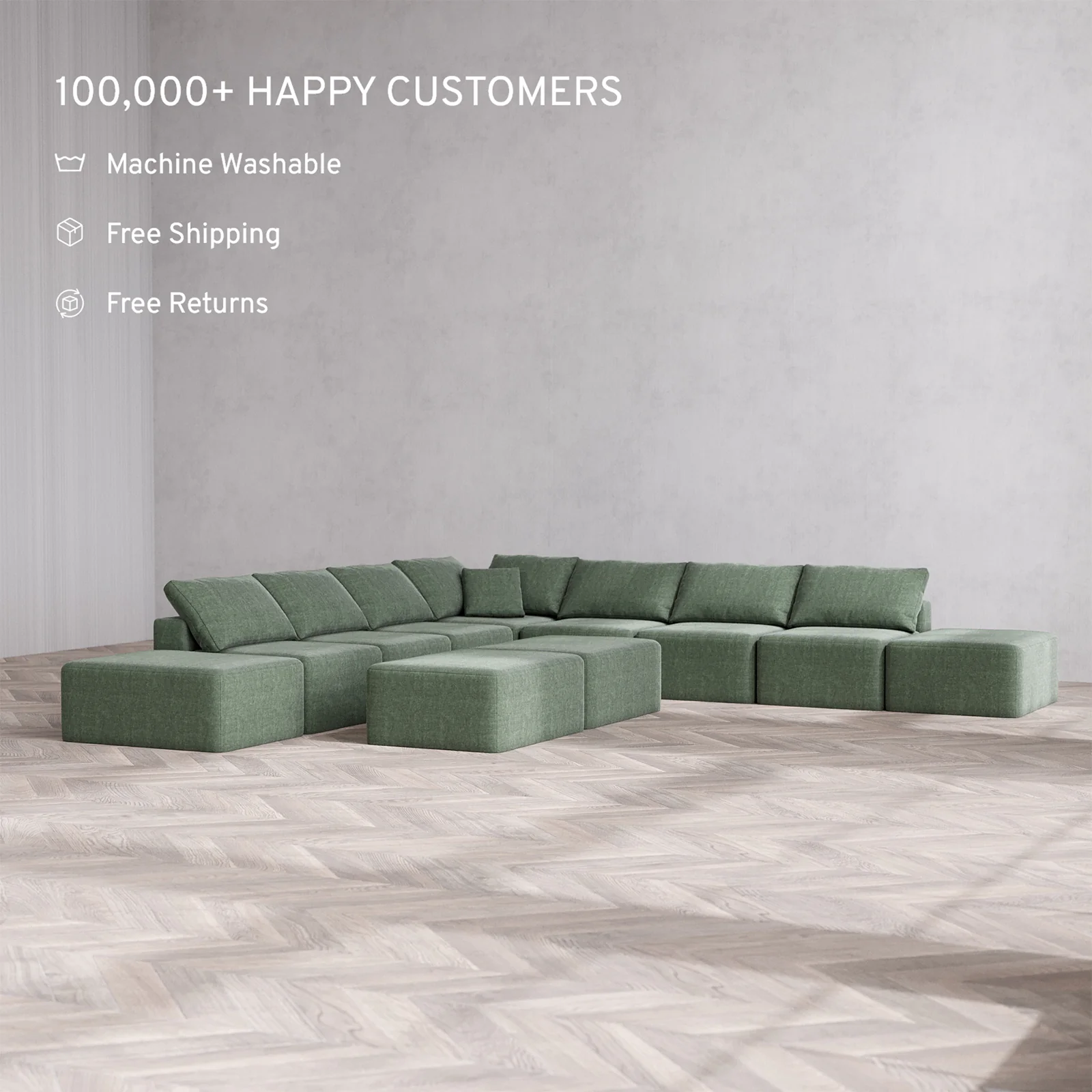 Slipcover Only - Modular Washable 9-Seater Open-Ends Corner Sectional + Chaise Ottoman Bench Cloud Sofa in Sage - Image 2
