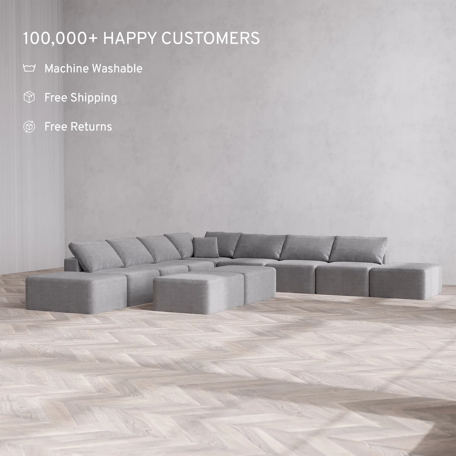 Slipcover Only - Modular Washable 9-Seater Open-Ends Corner Sectional + Chaise Ottoman Bench Cloud Sofa in Slate - Image 2