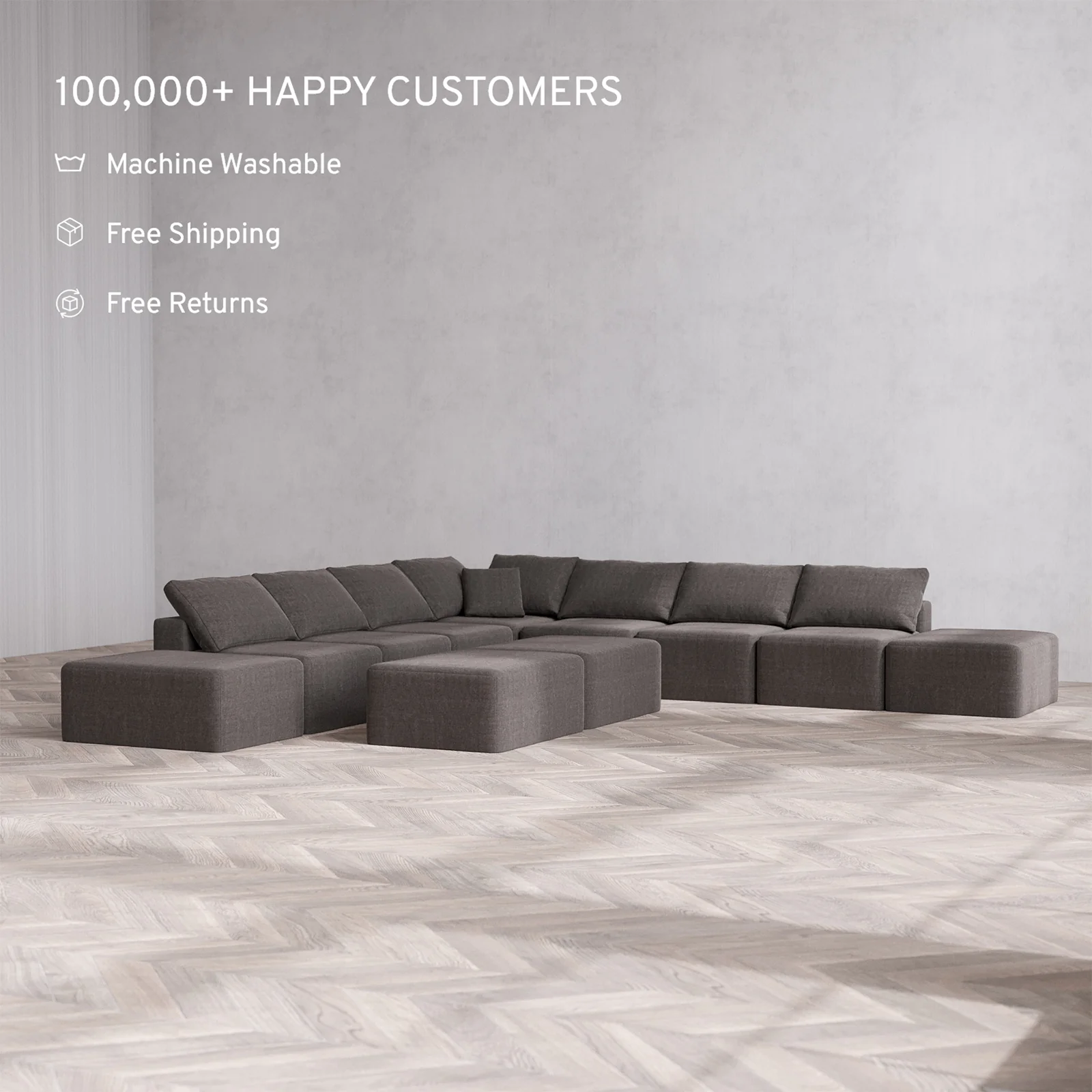 Slipcover Only - Modular Washable 9-Seater Open-Ends Corner Sectional + Chaise Ottoman Bench Cloud Sofa in Truffle - Image 2