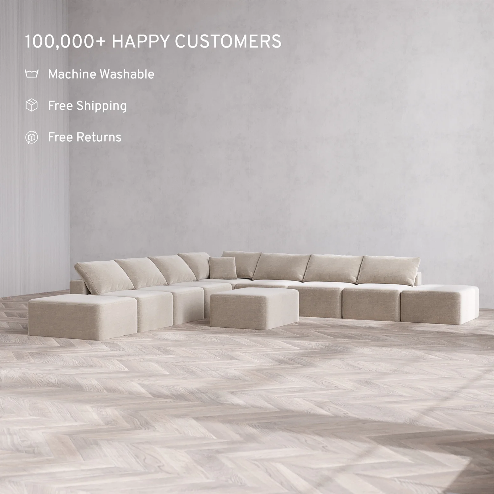 Slipcover Only - Modular Washable 9-Seater Open-Ends Corner Sectional + Chaise Ottoman Cloud Sofa in Caraway - Image 2
