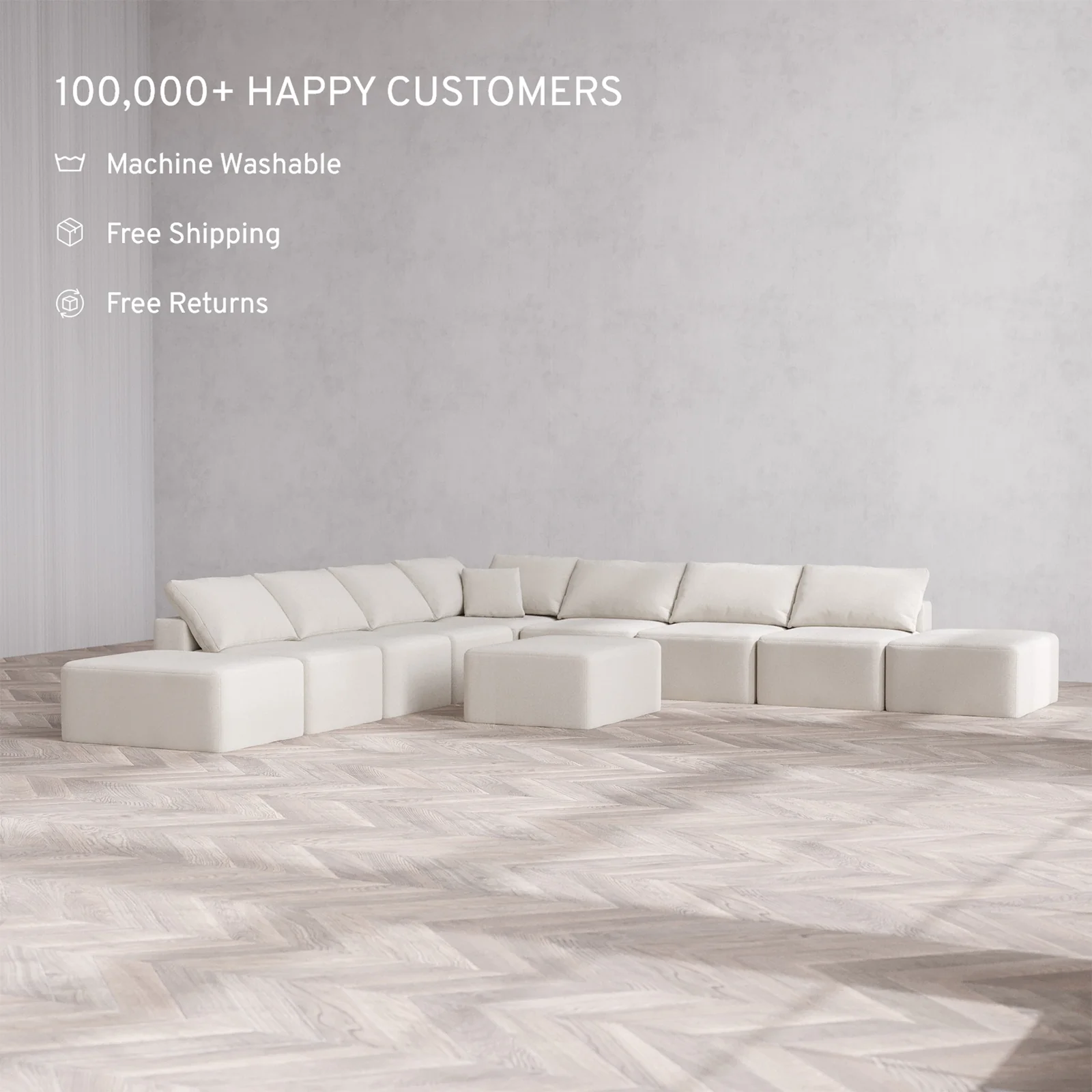 Slipcover Only - Modular Washable 9-Seater Open-Ends Corner Sectional + Chaise Ottoman Cloud Sofa in Pearl - Image 2