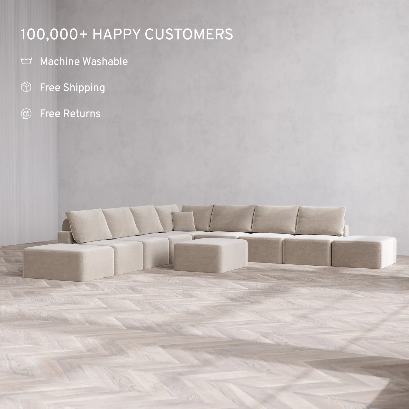 Slipcover Only - Modular Washable 9-Seater Open-Ends Corner Sectional + Chaise Ottoman Cloud + Bolster Sofa in Caraway - Image 2