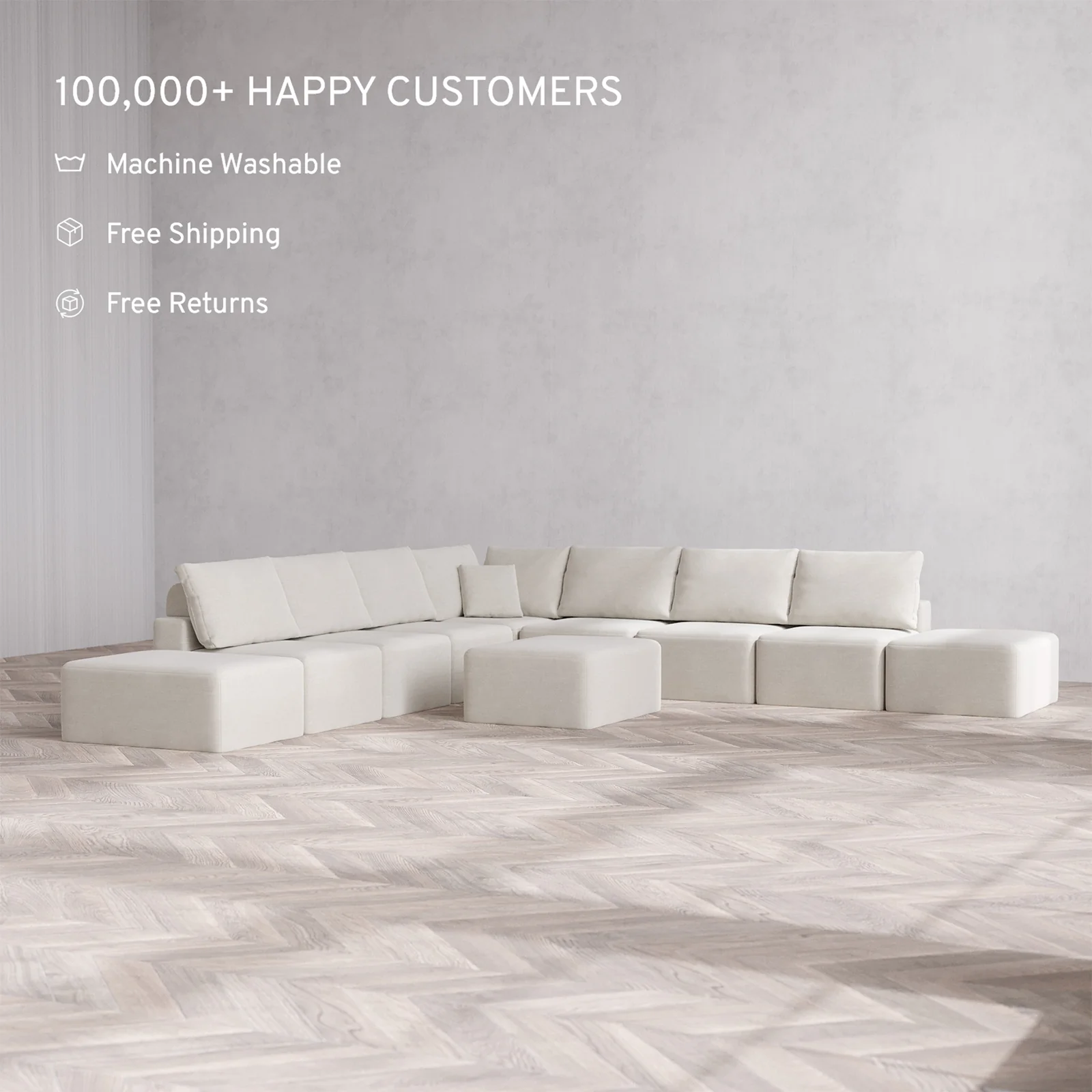 Slipcover Only - Modular Washable 9-Seater Open-Ends Corner Sectional + Chaise Ottoman Cloud + Bolster Sofa in Cashew - Image 2