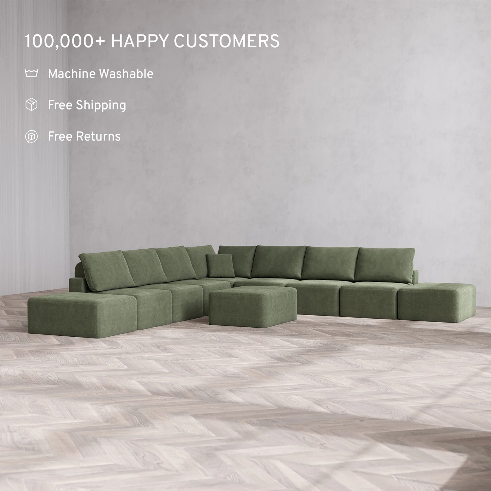 Slipcover Only - Modular Washable 9-Seater Open-Ends Corner Sectional + Chaise Ottoman Cloud + Bolster Sofa in Juniper - Image 2
