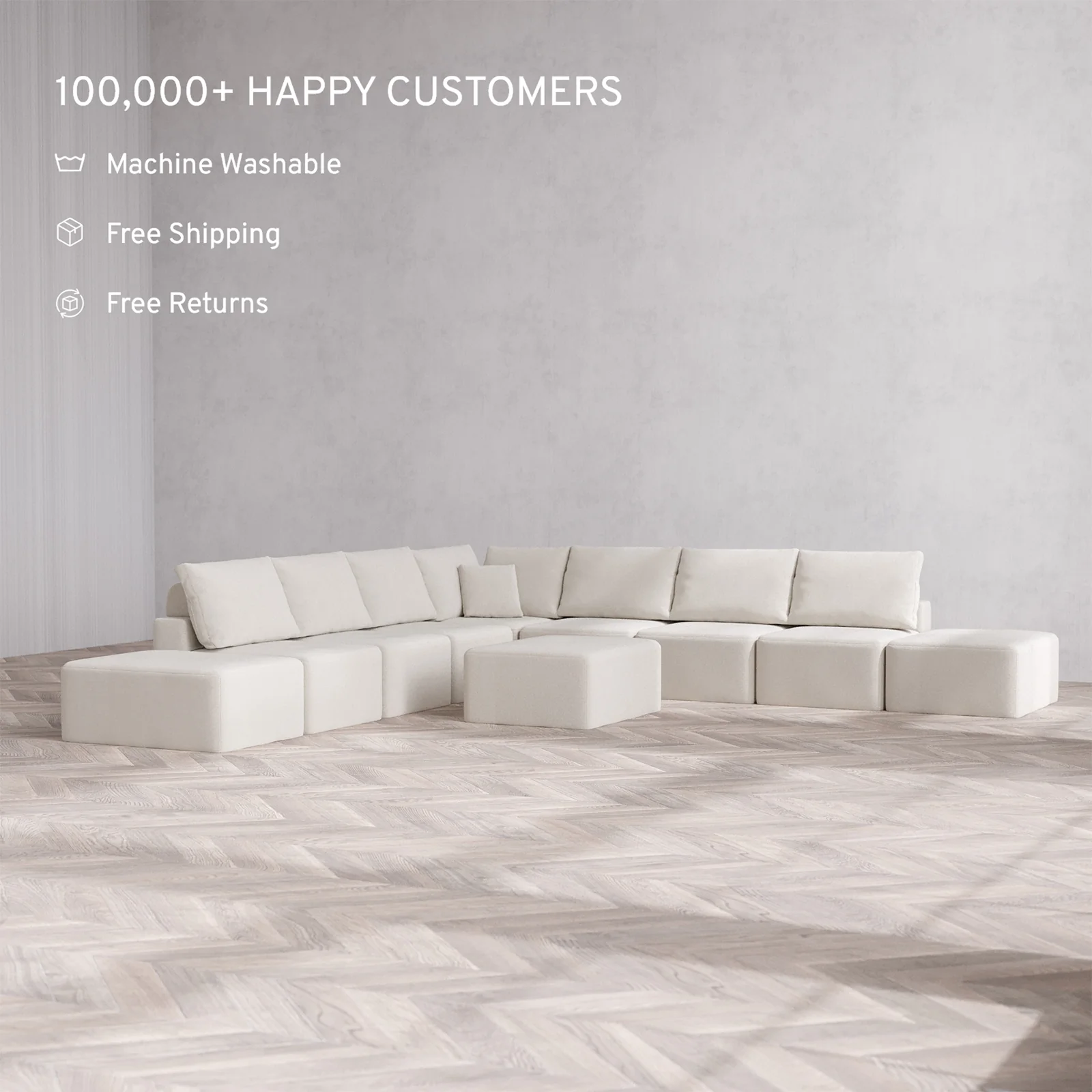 Slipcover Only - Modular Washable 9-Seater Open-Ends Corner Sectional + Chaise Ottoman Cloud + Bolster Sofa in Pearl - Image 2