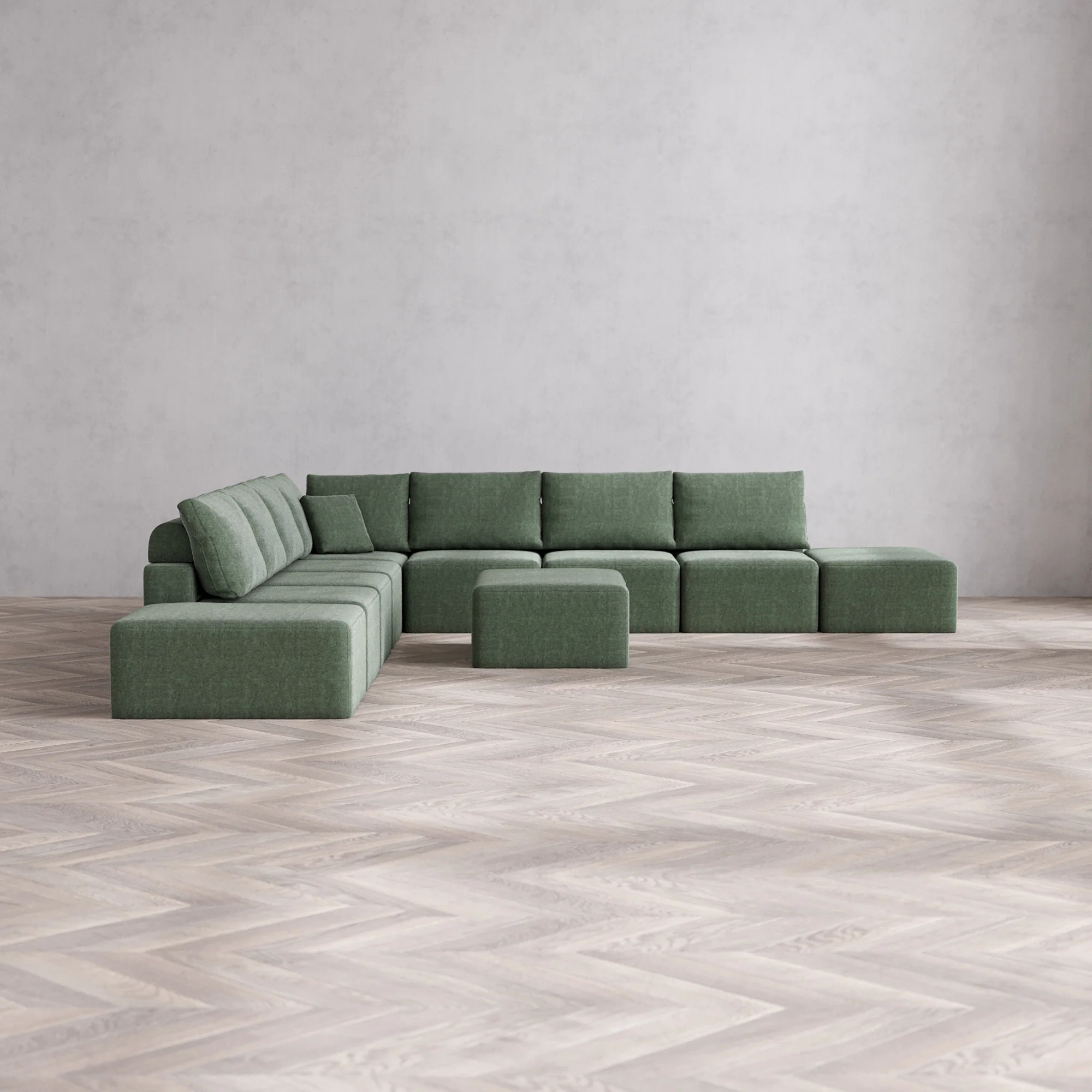 Slipcover Only - Modular Washable 9-Seater Open-Ends Corner Sectional + Chaise Ottoman Cloud + Bolster Sofa in Sage