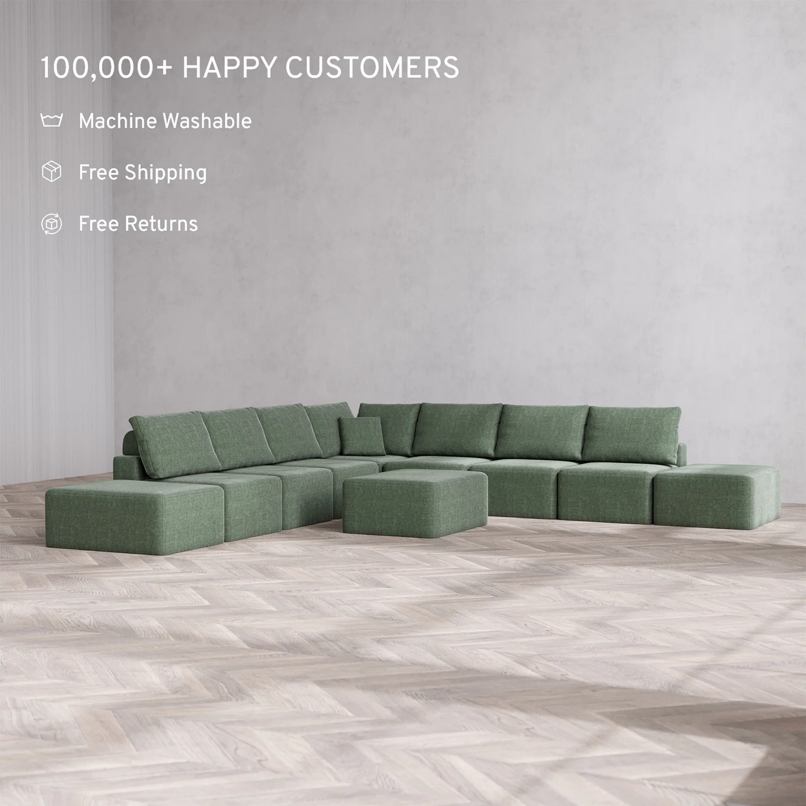 Slipcover Only - Modular Washable 9-Seater Open-Ends Corner Sectional + Chaise Ottoman Cloud + Bolster Sofa in Sage - Image 2