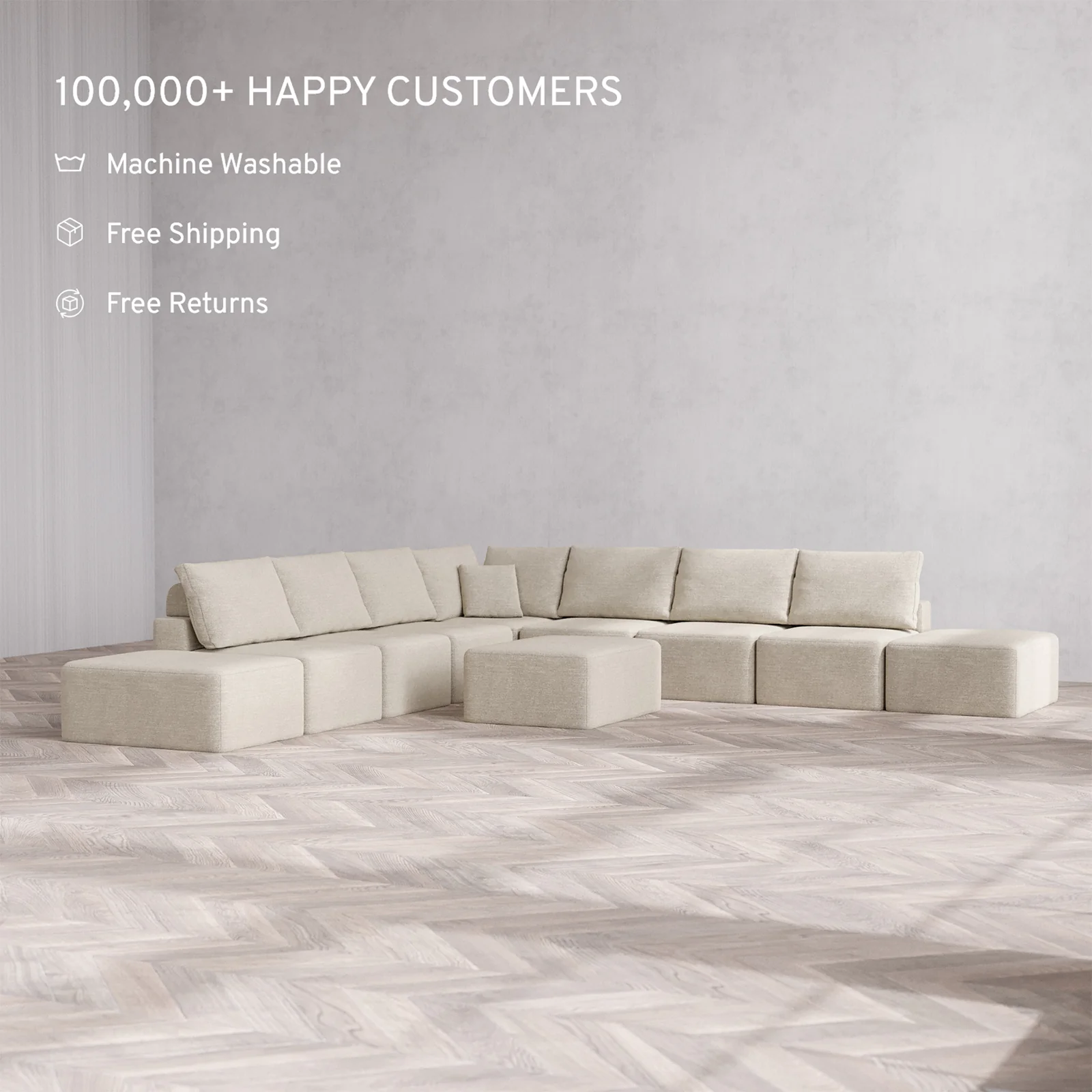 Slipcover Only - Modular Washable 9-Seater Open-Ends Corner Sectional + Chaise Ottoman Cloud + Bolster Sofa in Sandstone - Image 2