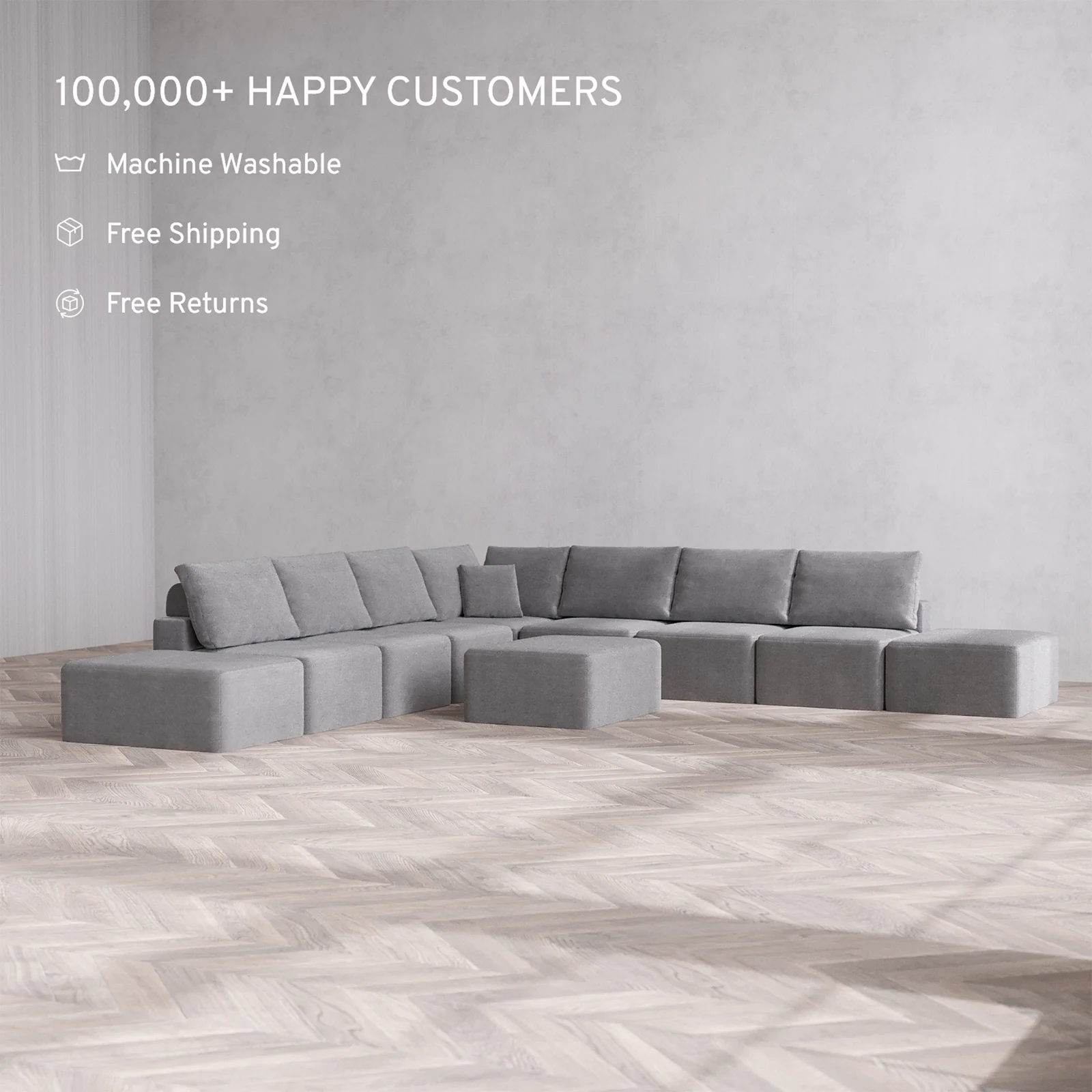 Slipcover Only - Modular Washable 9-Seater Open-Ends Corner Sectional + Chaise Ottoman Cloud + Bolster Sofa in Slate - Image 2