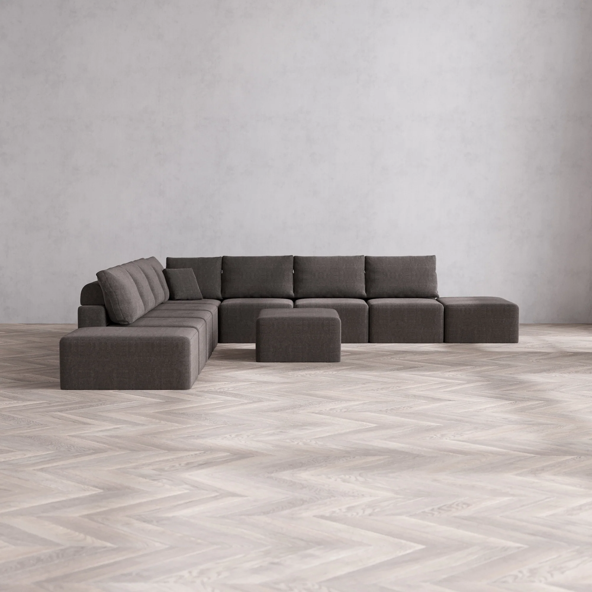 Slipcover Only - Modular Washable 9-Seater Open-Ends Corner Sectional + Chaise Ottoman Cloud + Bolster Sofa in Truffle