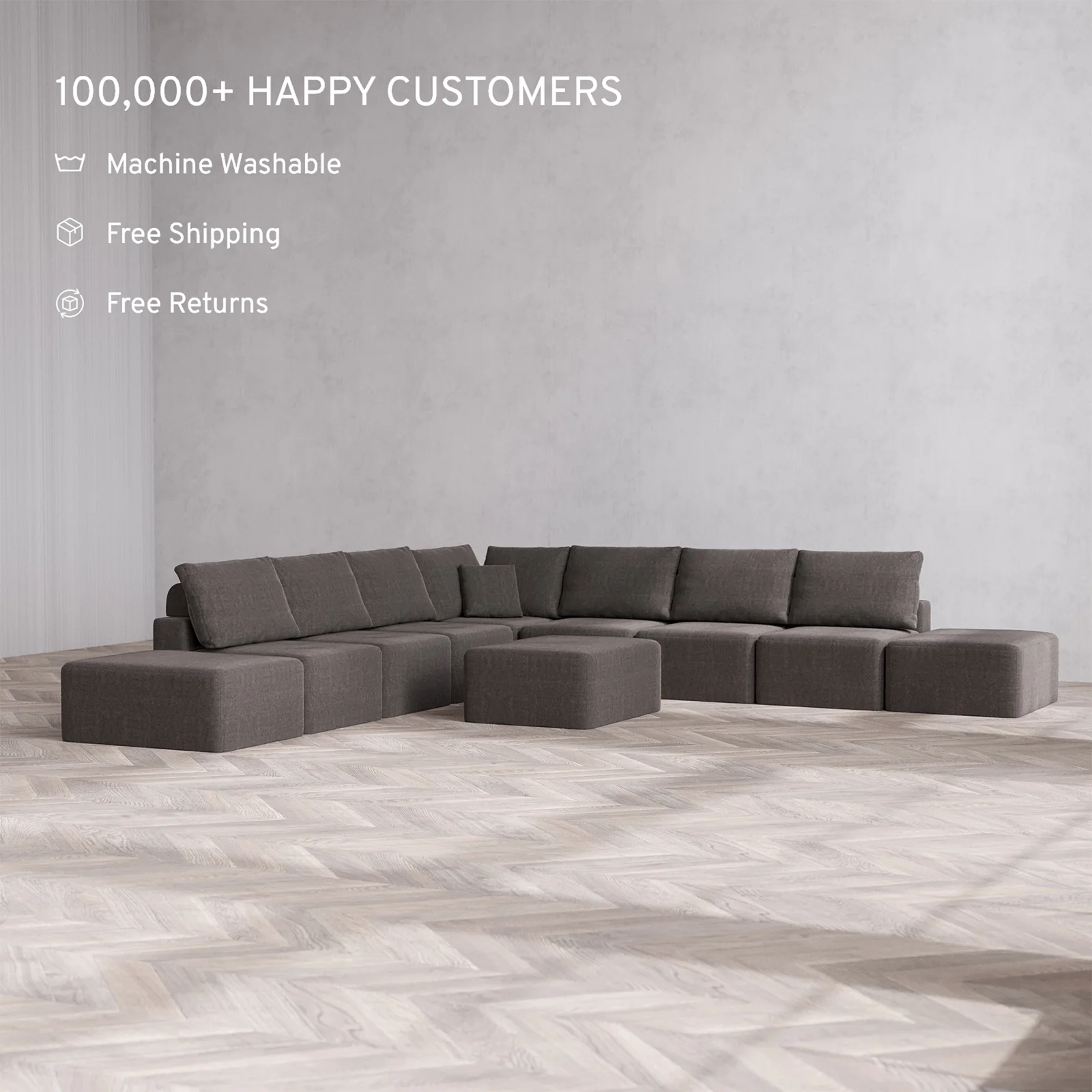 Slipcover Only - Modular Washable 9-Seater Open-Ends Corner Sectional + Chaise Ottoman Cloud + Bolster Sofa in Truffle - Image 2