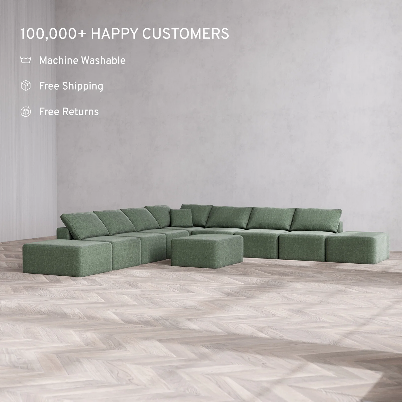 Slipcover Only - Modular Washable 9-Seater Open-Ends Corner Sectional + Chaise Ottoman Cloud Sofa in Sage - Image 2