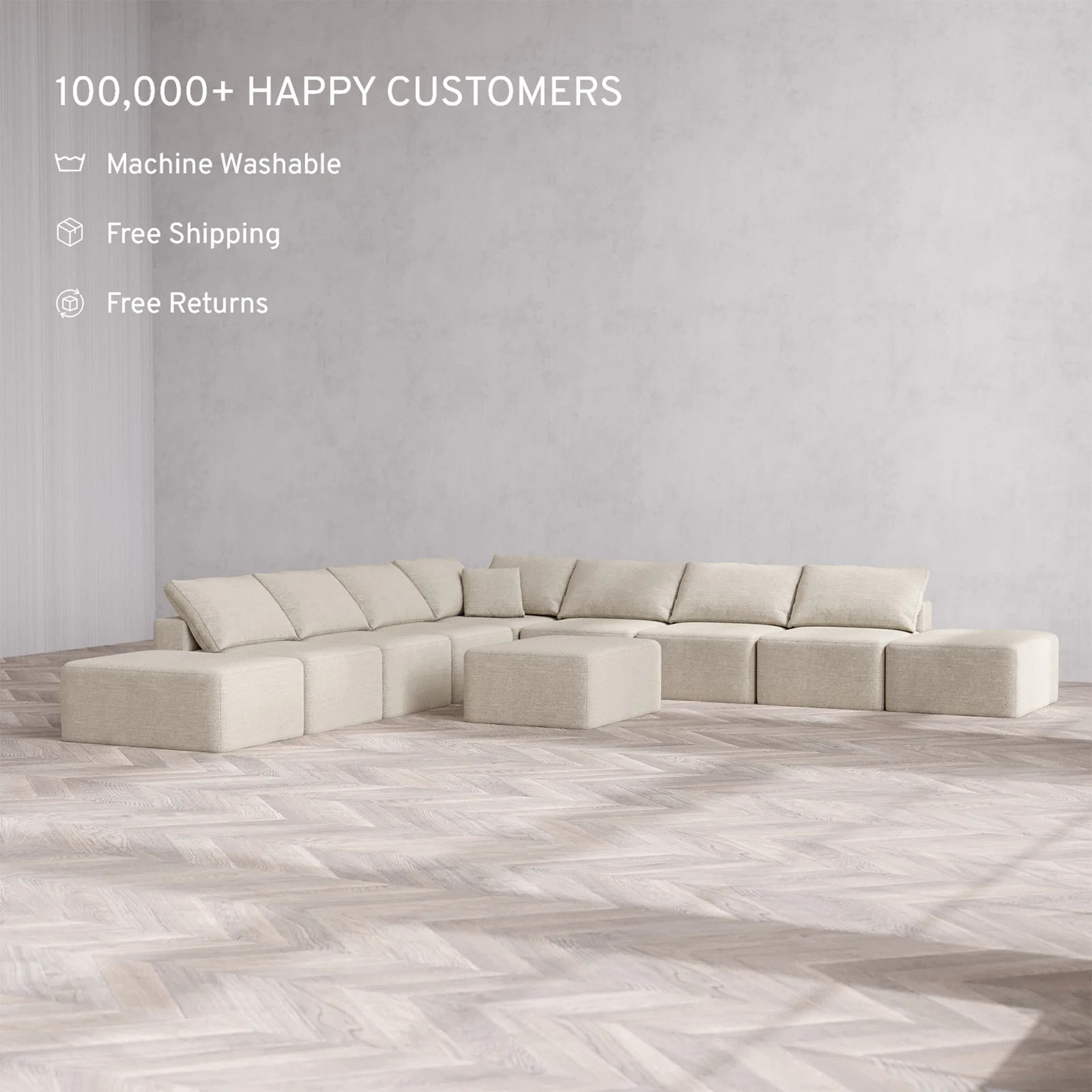 Slipcover Only - Modular Washable 9-Seater Open-Ends Corner Sectional + Chaise Ottoman Cloud Sofa in Sandstone - Image 2