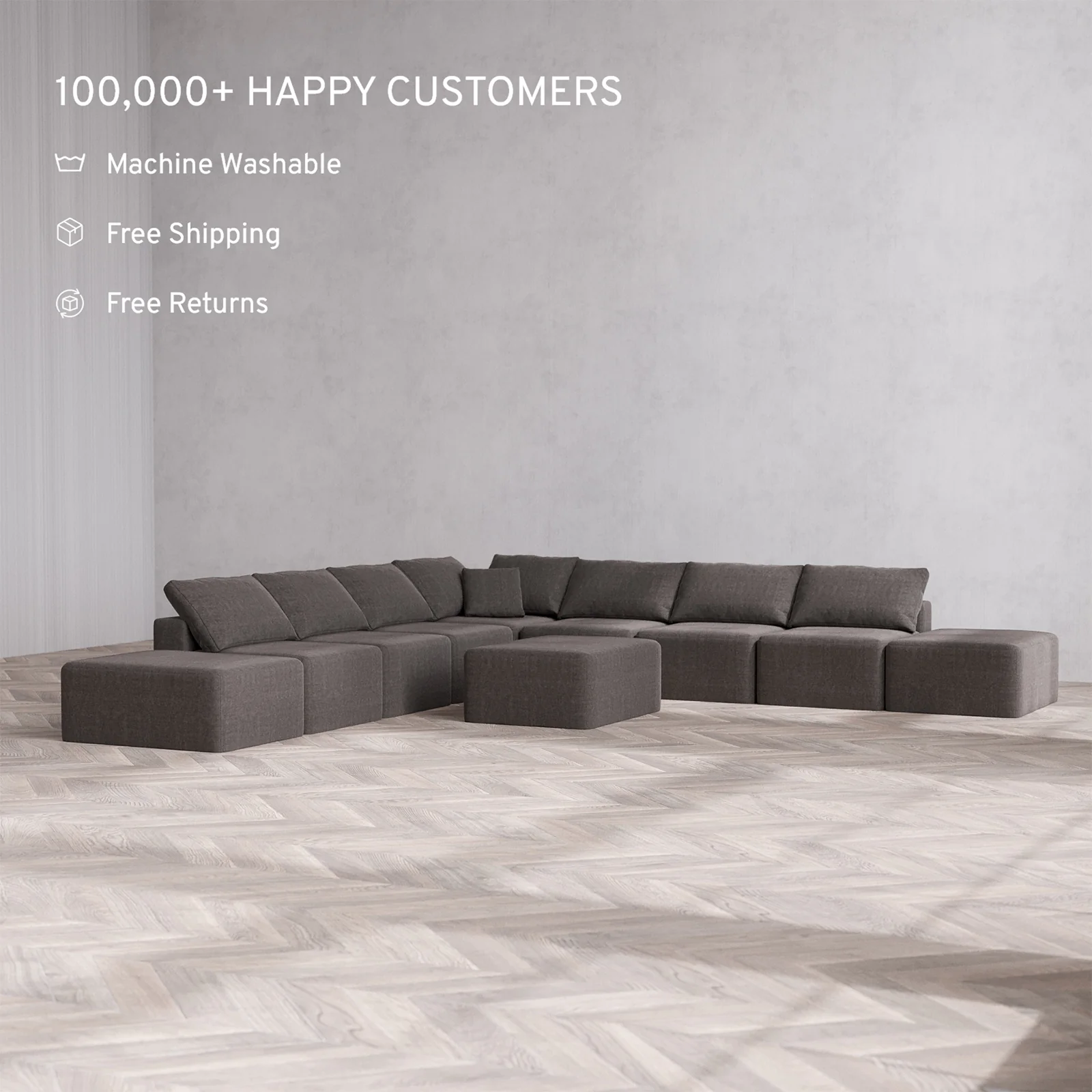 Slipcover Only - Modular Washable 9-Seater Open-Ends Corner Sectional + Chaise Ottoman Cloud Sofa in Truffle - Image 2