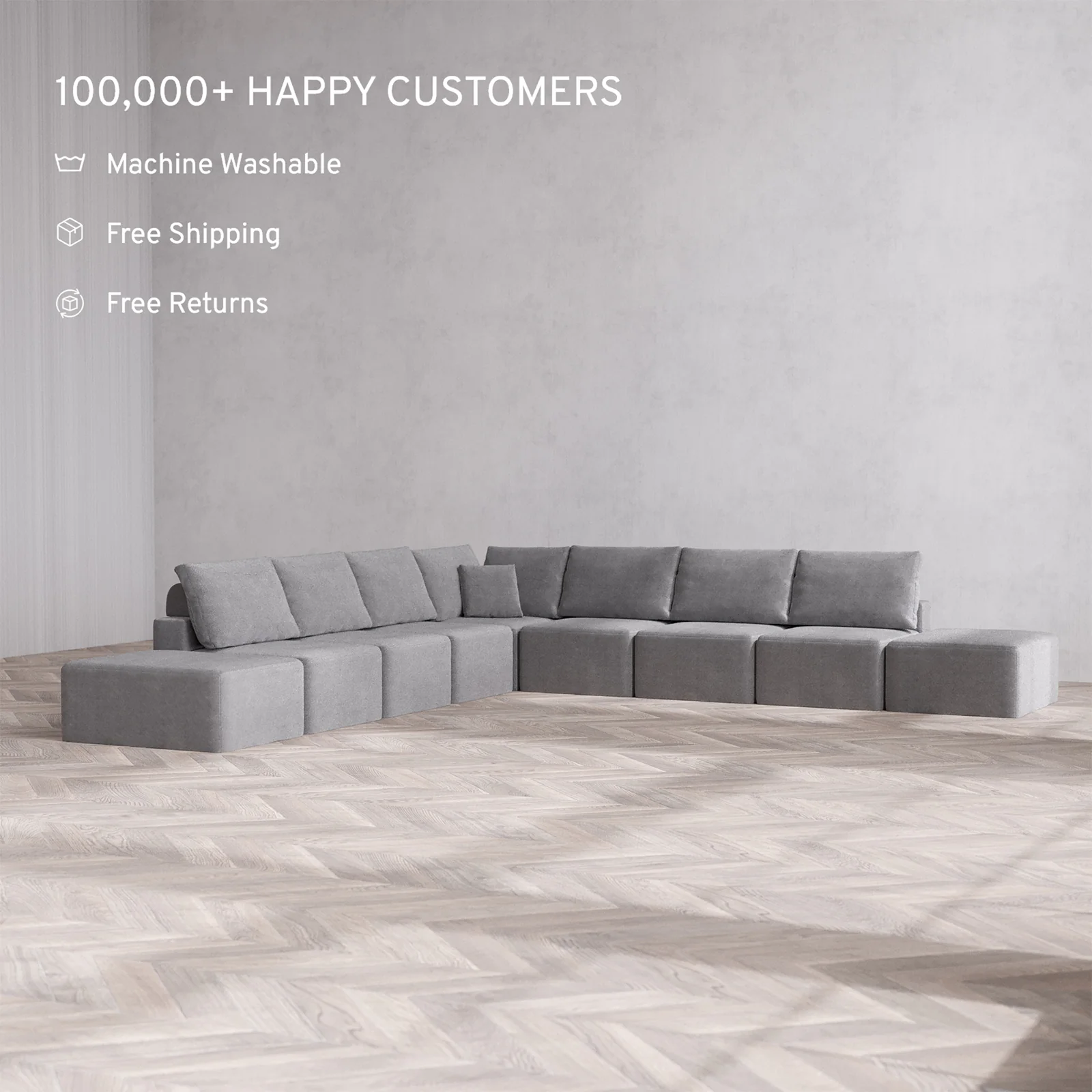 Slipcover Only - Modular Washable 9-Seater Open-Ends Corner Sectional Cloud + Bolster Sofa in Slate - Image 2