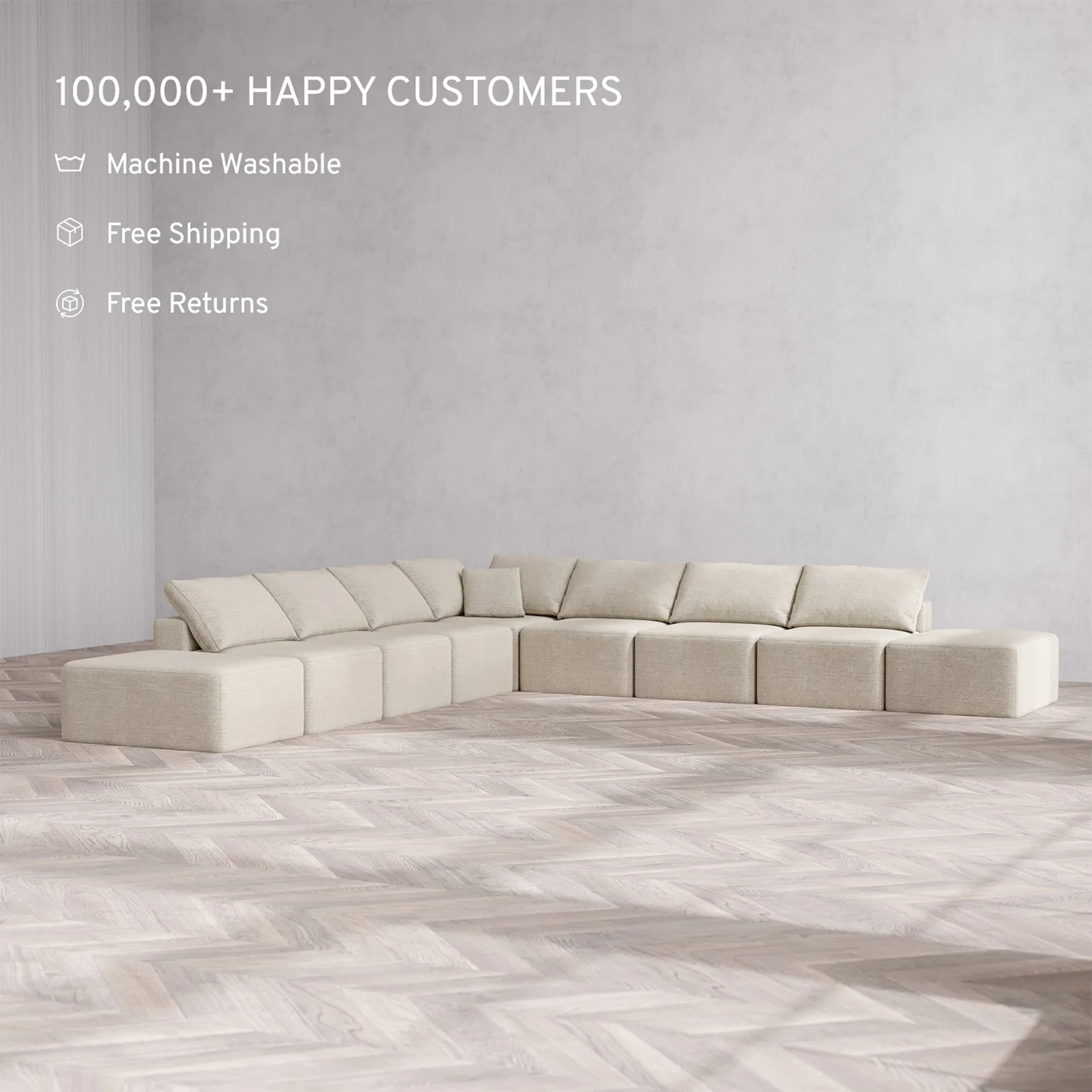 Slipcover Only - Modular Washable 9-Seater Open-Ends Corner Sectional Cloud Sofa in Sandstone - Image 2