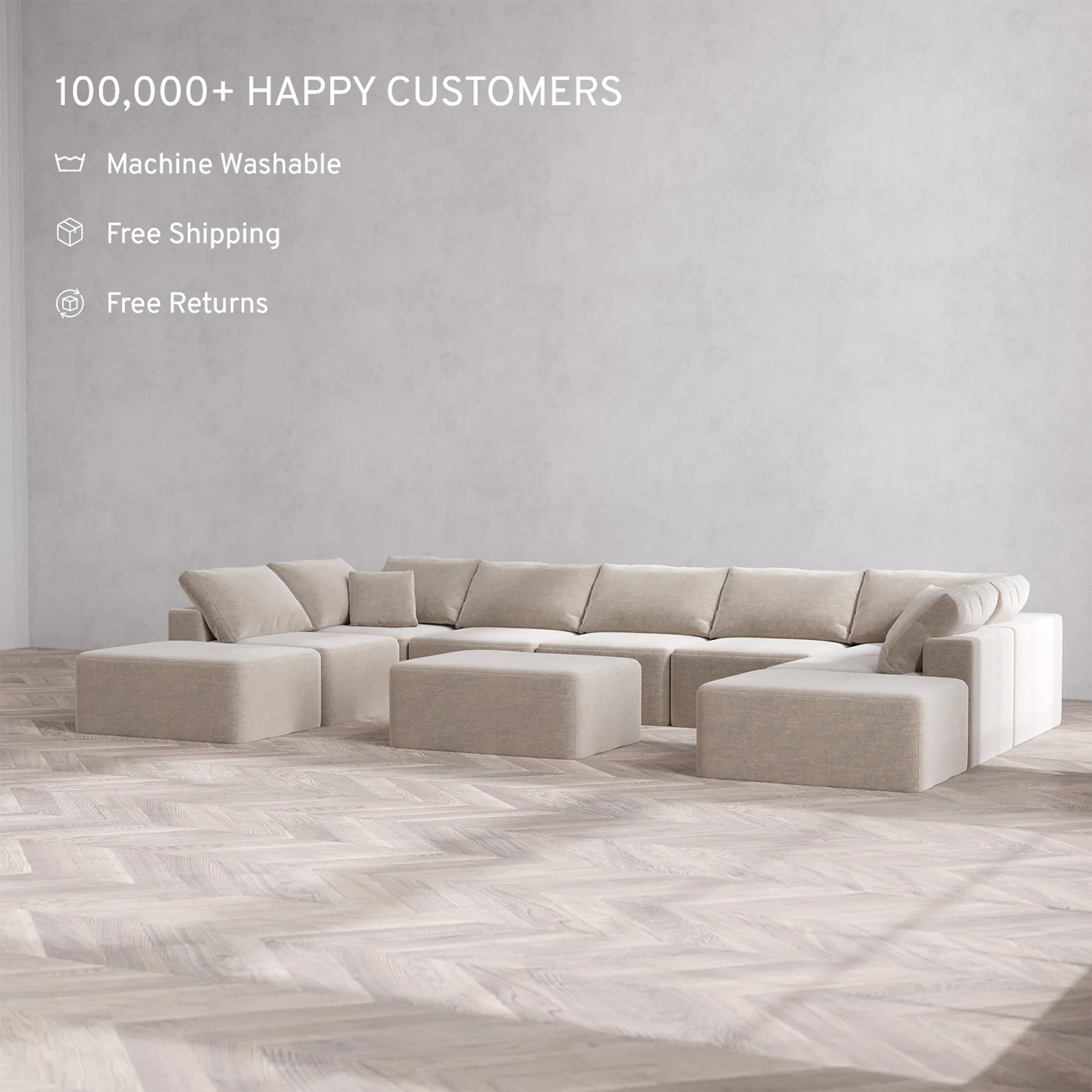 Slipcover Only - Modular Washable 9-Seater Open-Ends U Sectional + Chaise Ottoman Cloud Sofa in Caraway - Image 2