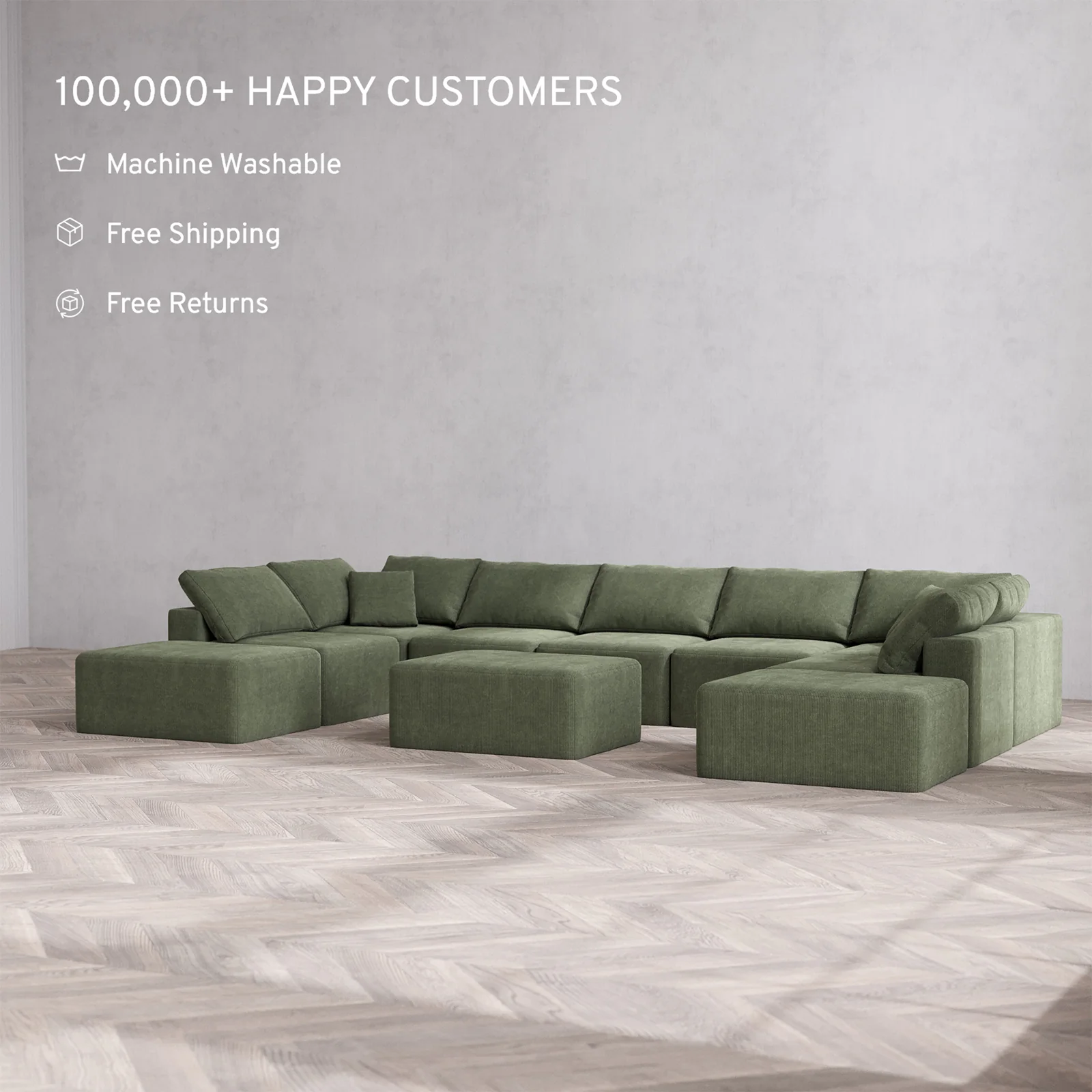 Slipcover Only - Modular Washable 9-Seater Open-Ends U Sectional + Chaise Ottoman Cloud Sofa in Juniper - Image 2