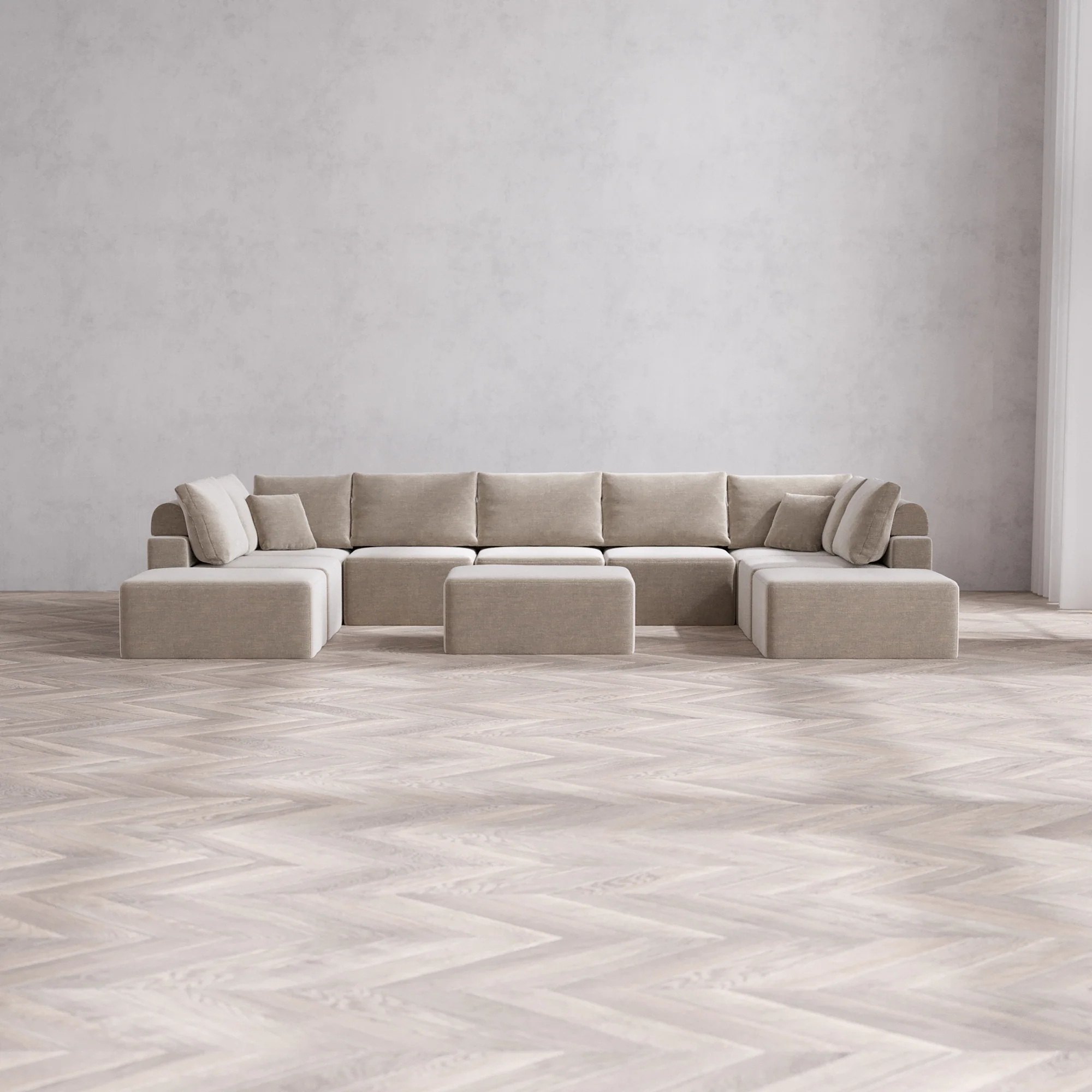 Slipcover Only - Modular Washable 9-Seater Open-Ends U Sectional + Chaise Ottoman Cloud + Bolster Sofa in Caraway