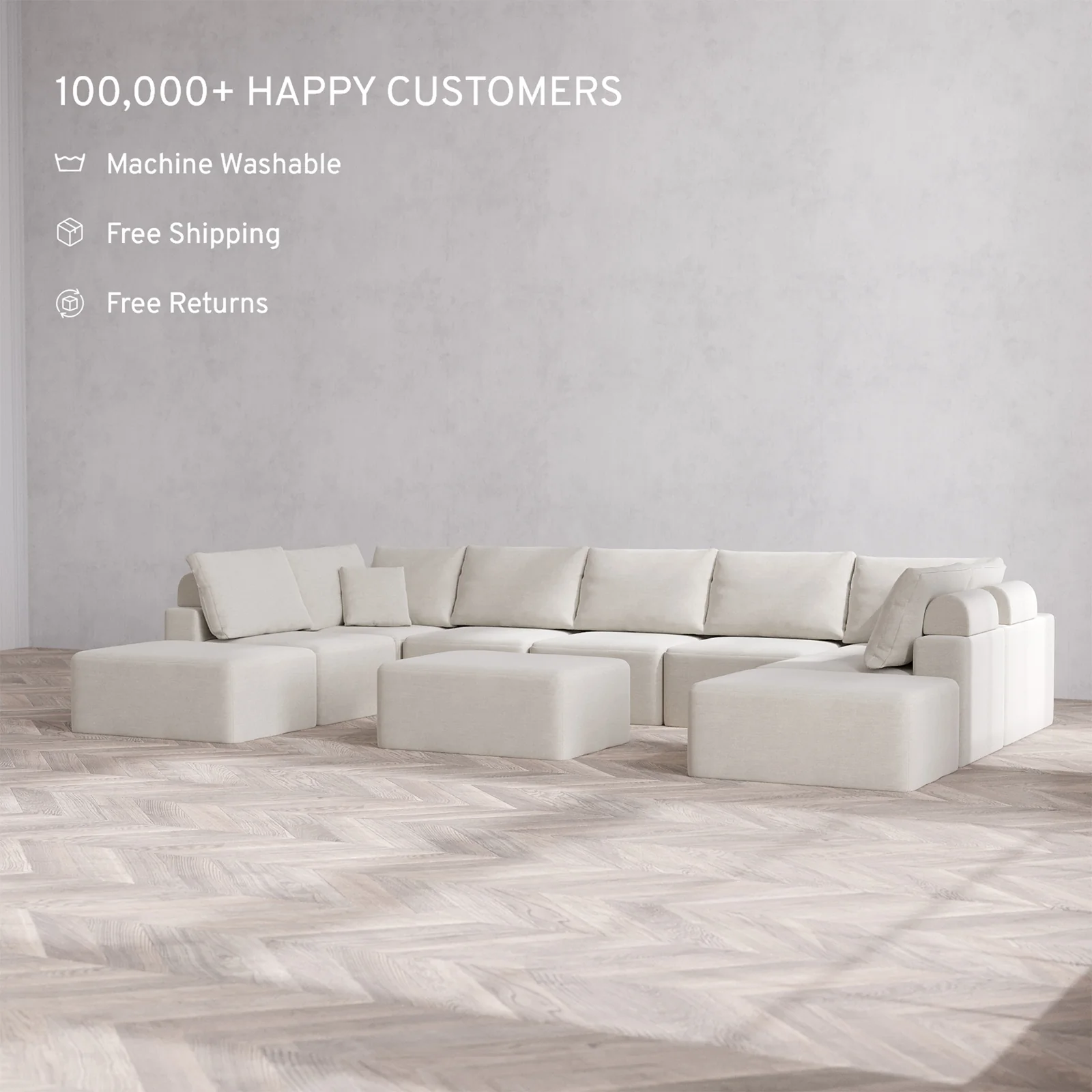 Slipcover Only - Modular Washable 9-Seater Open-Ends U Sectional + Chaise Ottoman Cloud + Bolster Sofa in Cashew - Image 2