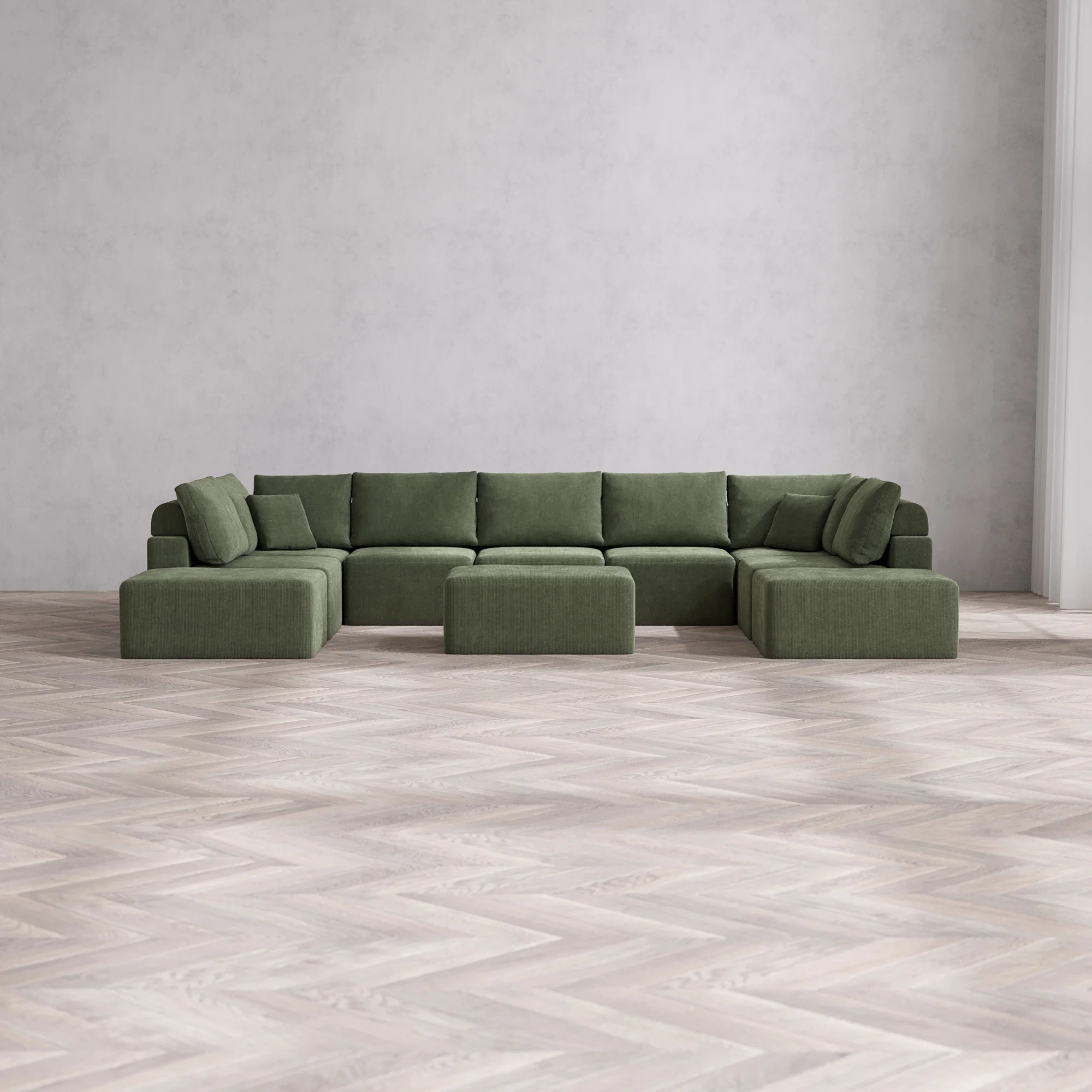 Slipcover Only - Modular Washable 9-Seater Open-Ends U Sectional + Chaise Ottoman Cloud + Bolster Sofa in Juniper