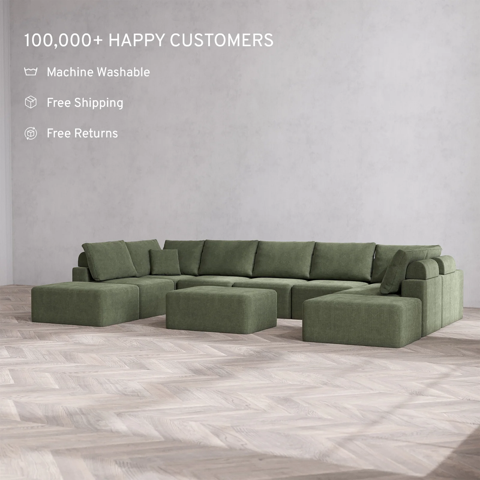 Slipcover Only - Modular Washable 9-Seater Open-Ends U Sectional + Chaise Ottoman Cloud + Bolster Sofa in Juniper - Image 2