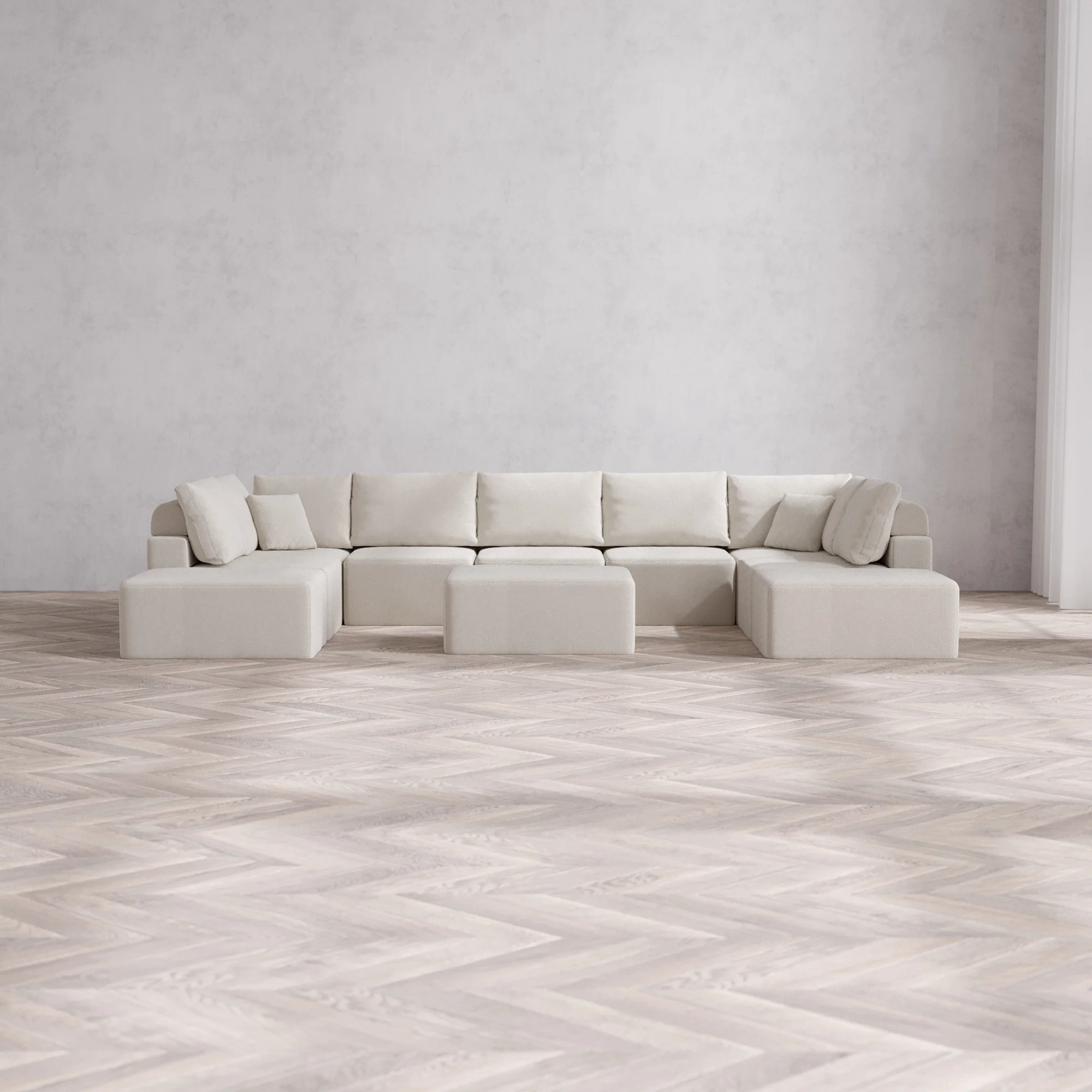 Slipcover Only - Modular Washable 9-Seater Open-Ends U Sectional + Chaise Ottoman Cloud + Bolster Sofa in Pearl