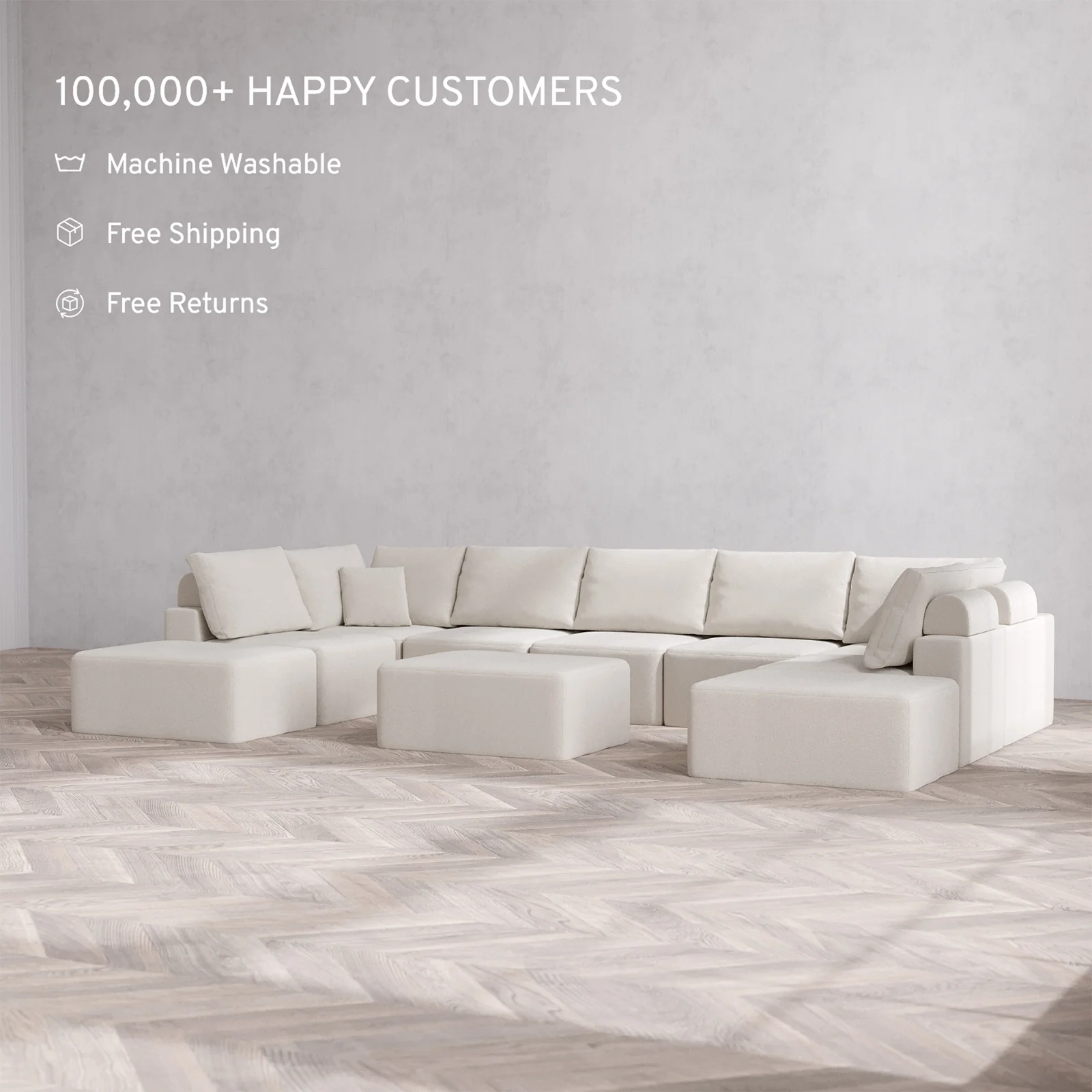Slipcover Only - Modular Washable 9-Seater Open-Ends U Sectional + Chaise Ottoman Cloud + Bolster Sofa in Pearl - Image 2