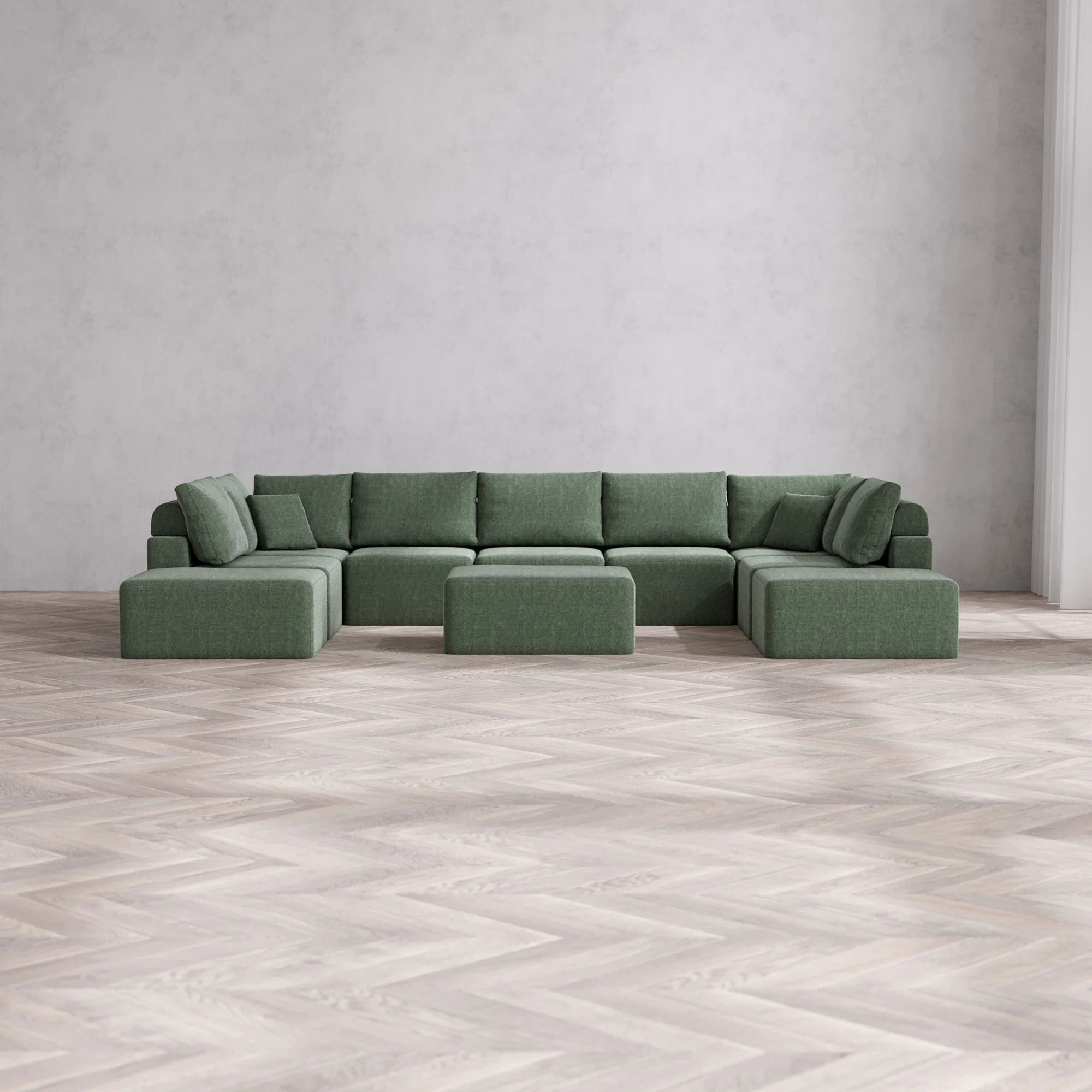 Slipcover Only - Modular Washable 9-Seater Open-Ends U Sectional + Chaise Ottoman Cloud + Bolster Sofa in Sage