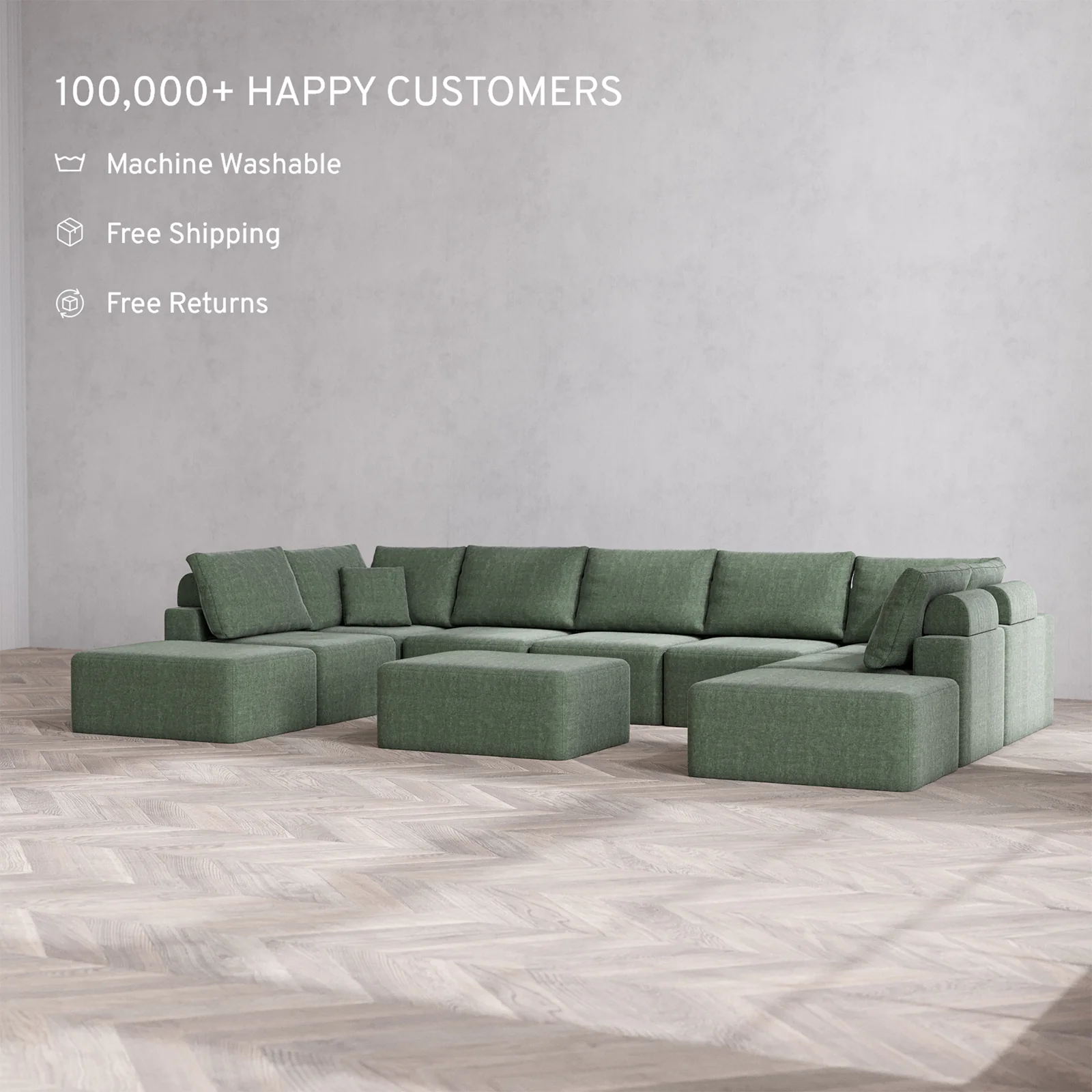 Slipcover Only - Modular Washable 9-Seater Open-Ends U Sectional + Chaise Ottoman Cloud + Bolster Sofa in Sage - Image 2